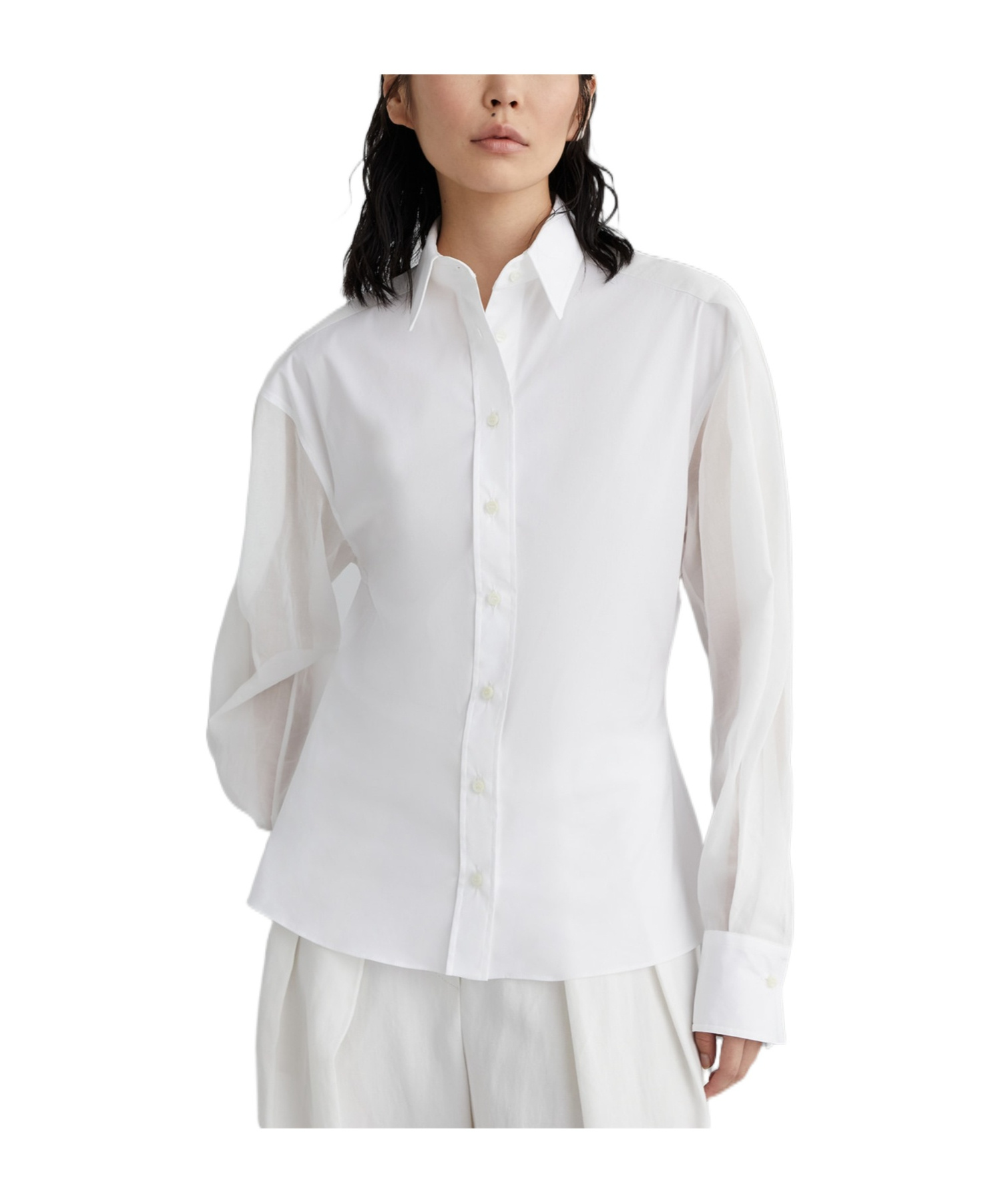 Brunello Cucinelli Stunning White Stretch Cotton Poplin Shirt With Light Knit Sleeves And Necklace In White