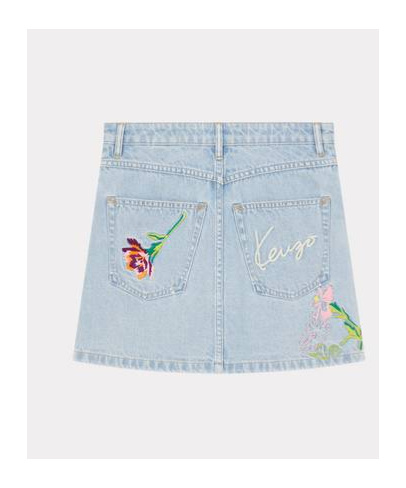 Kenzo Floral-embroidered Mini Skirt In Blue Cotton Denim In Blue