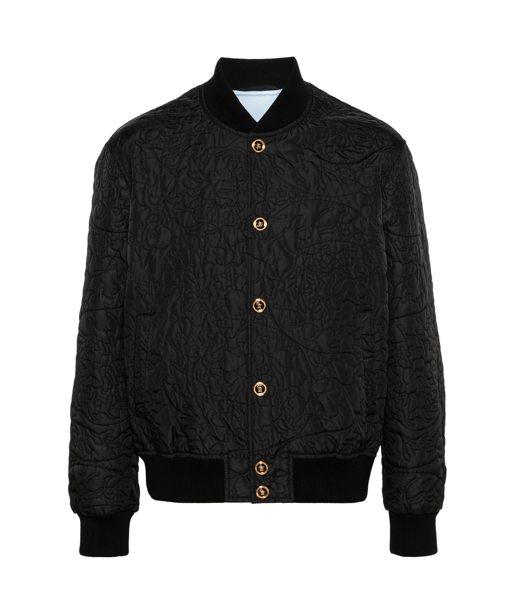 Versace Quilted Barocco Bomber Jacket With Jewel Buttons In Black