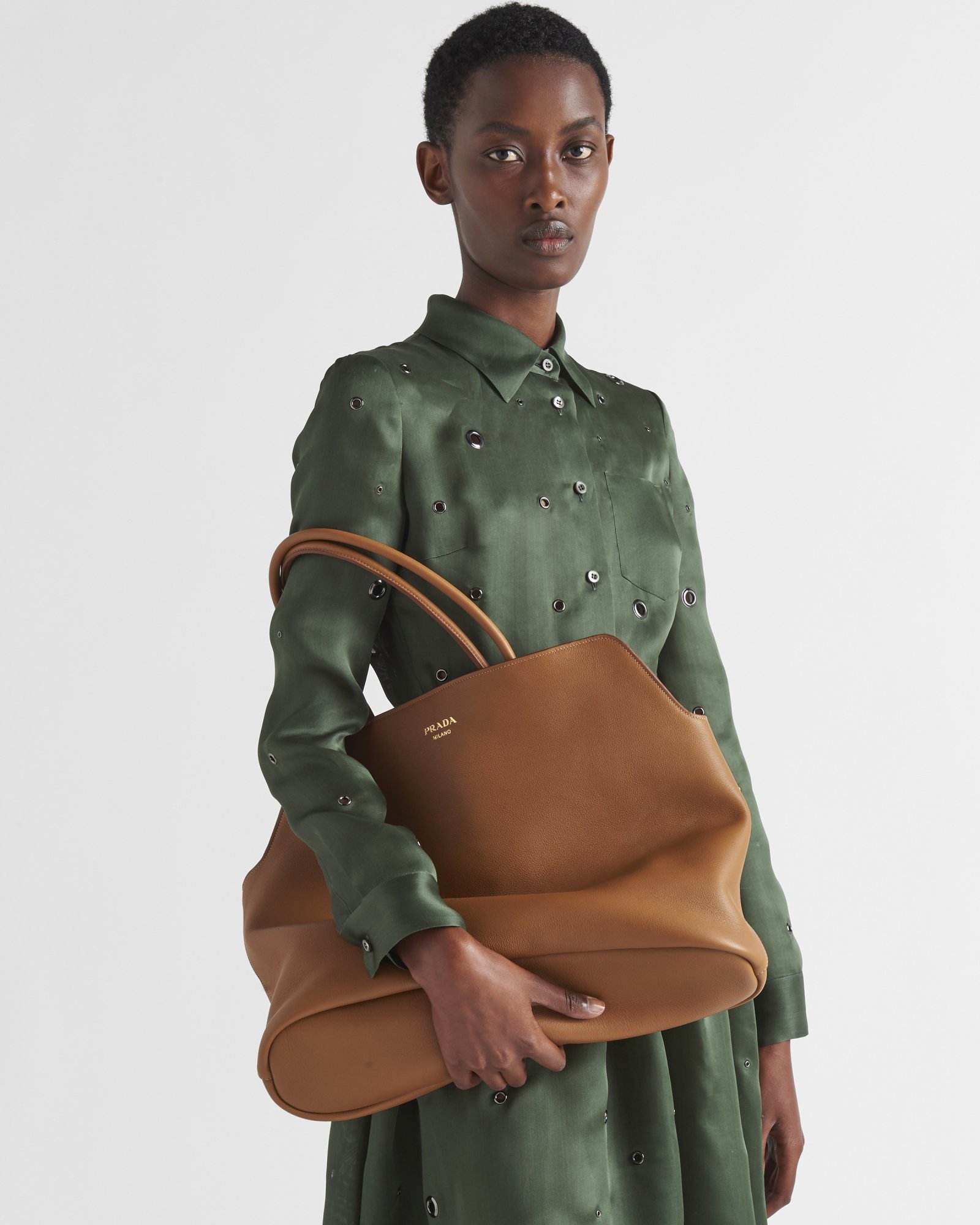 Prada Leather Shopping Bag With Structured Shape And Top Handles In Brown