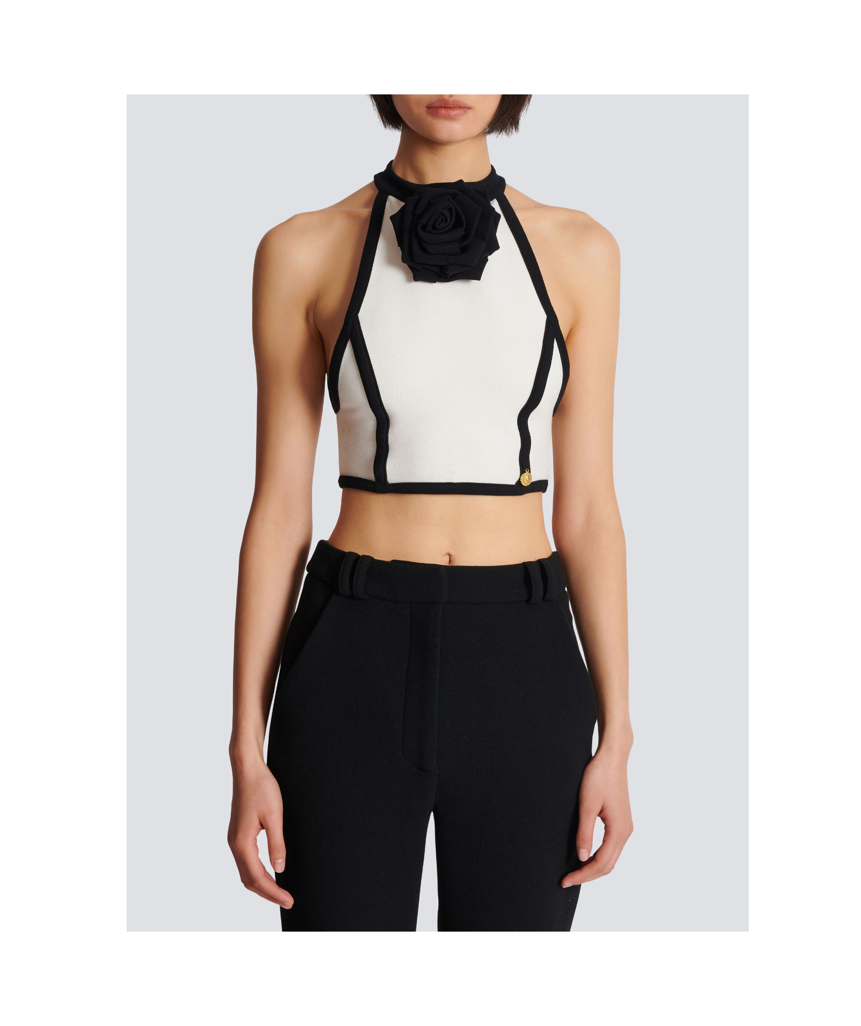 Balmain Rose-appliqué Halterneck Top In Black