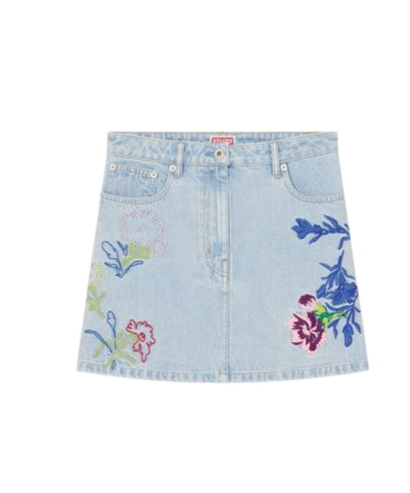 Kenzo Floral-embroidered Mini Skirt In Blue Cotton Denim In Blue