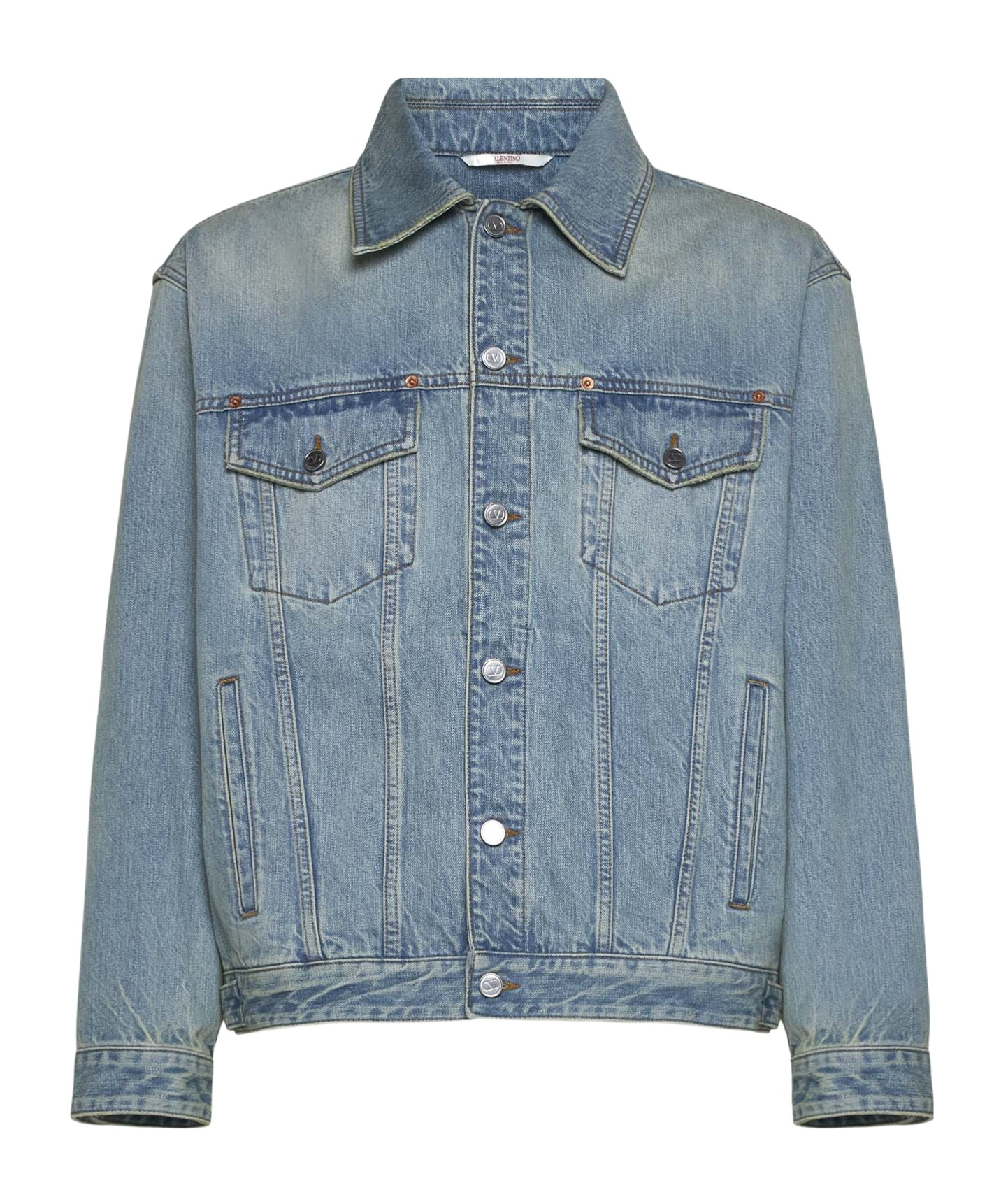 Valentino Buttoned Long-sleeved Denim Jacket In Gray