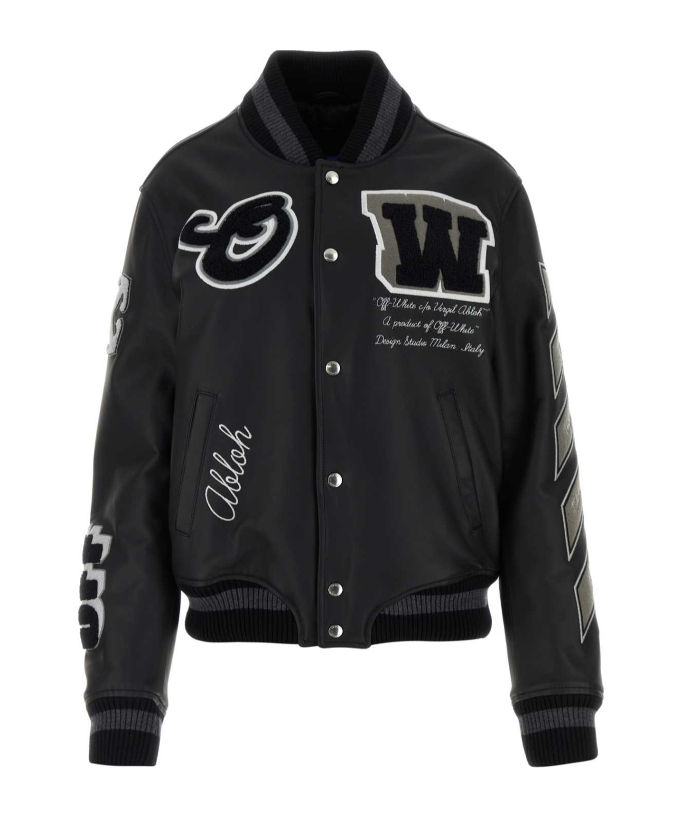 Off-white Logo Patch Leather Varsity Jacket In Black