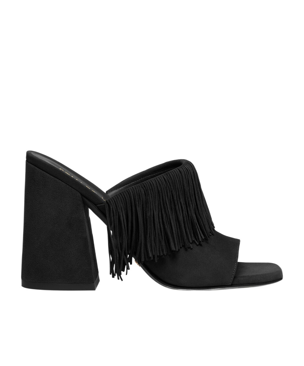 Stuart Weitzman Tia Suede Fringe Mule Sandals In Black
