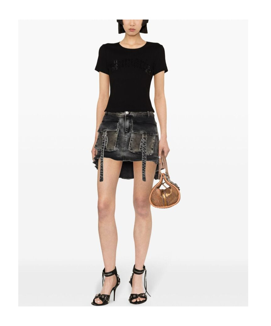 Blumarine Women Logo Ribbed Cotton Cropped T-shirt In Black