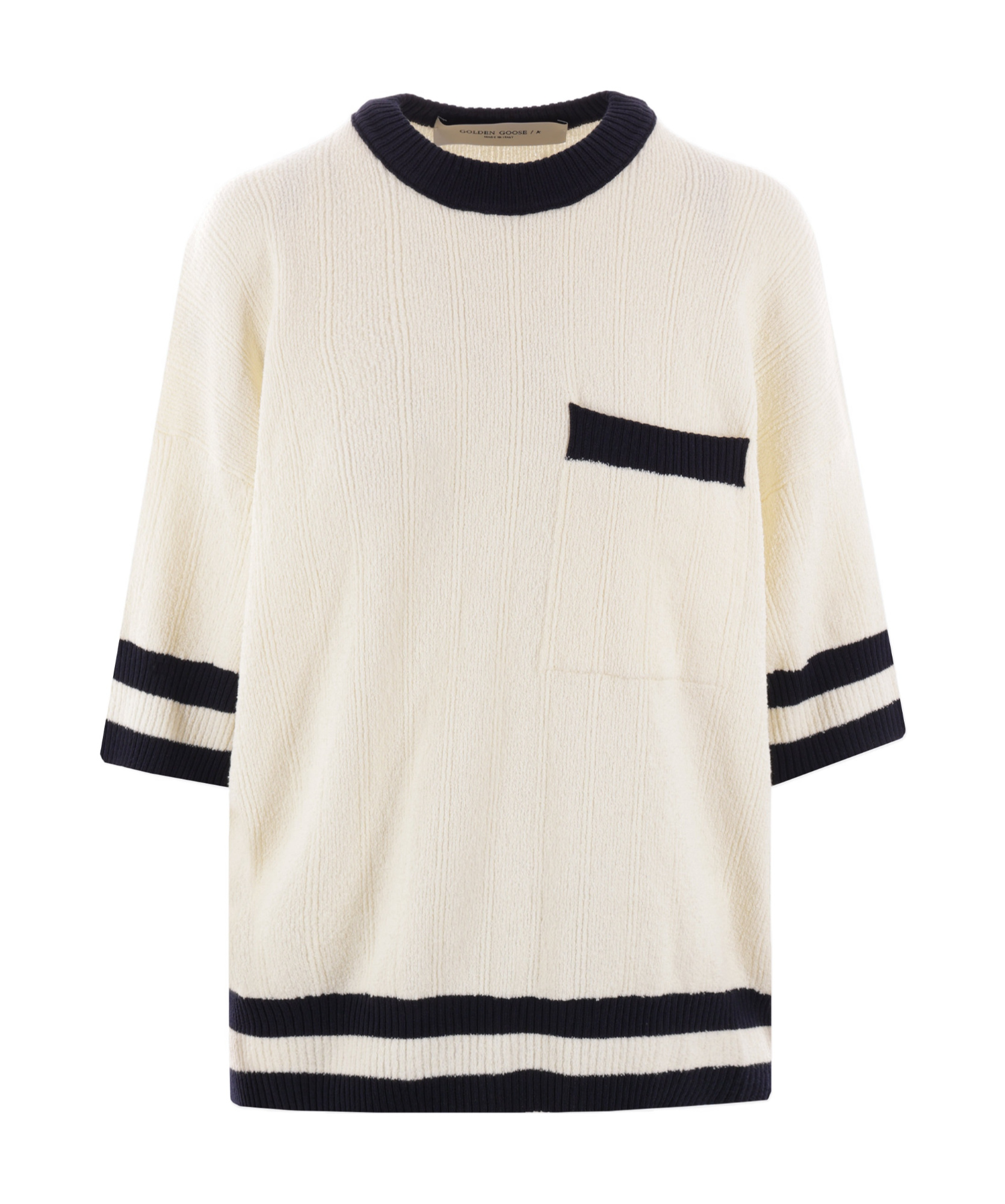 Golden Goose Women's Short-sleeved Sweater In Vintage White With Blue Rib Knit In White