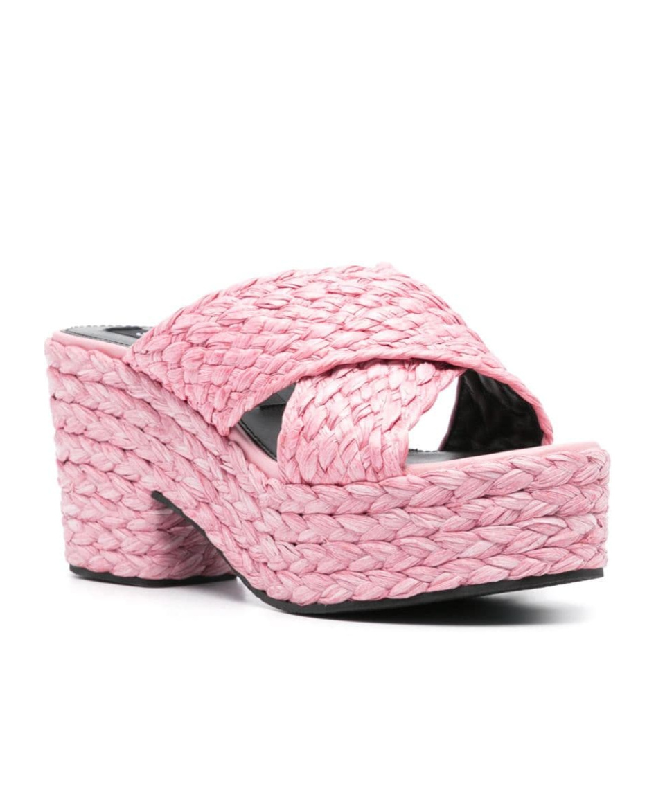 Sergio Rossi Raffia Woven Crossover Mules In Pink