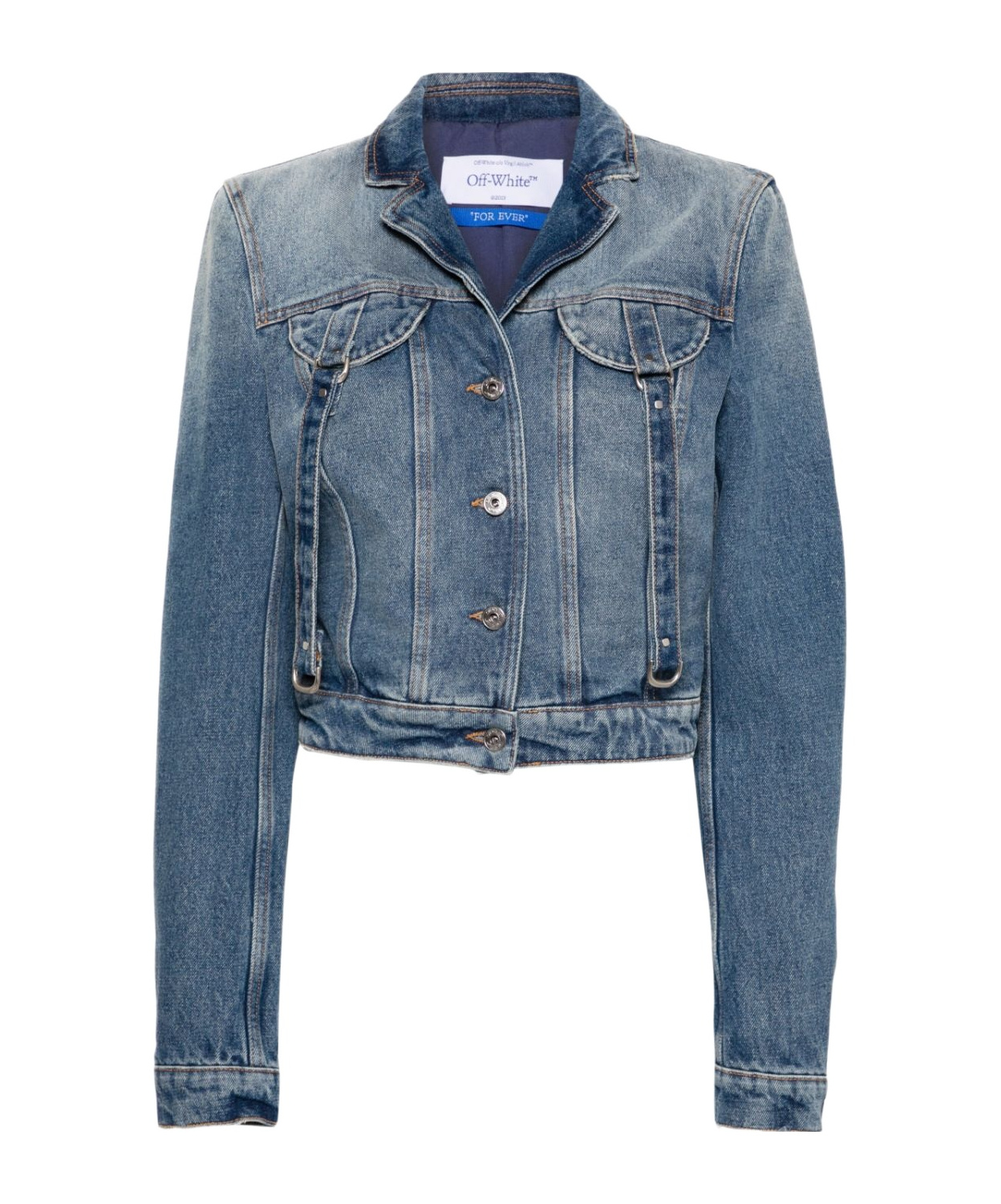Off-white Strap-detailing Cropped Denim Jacket In Blue