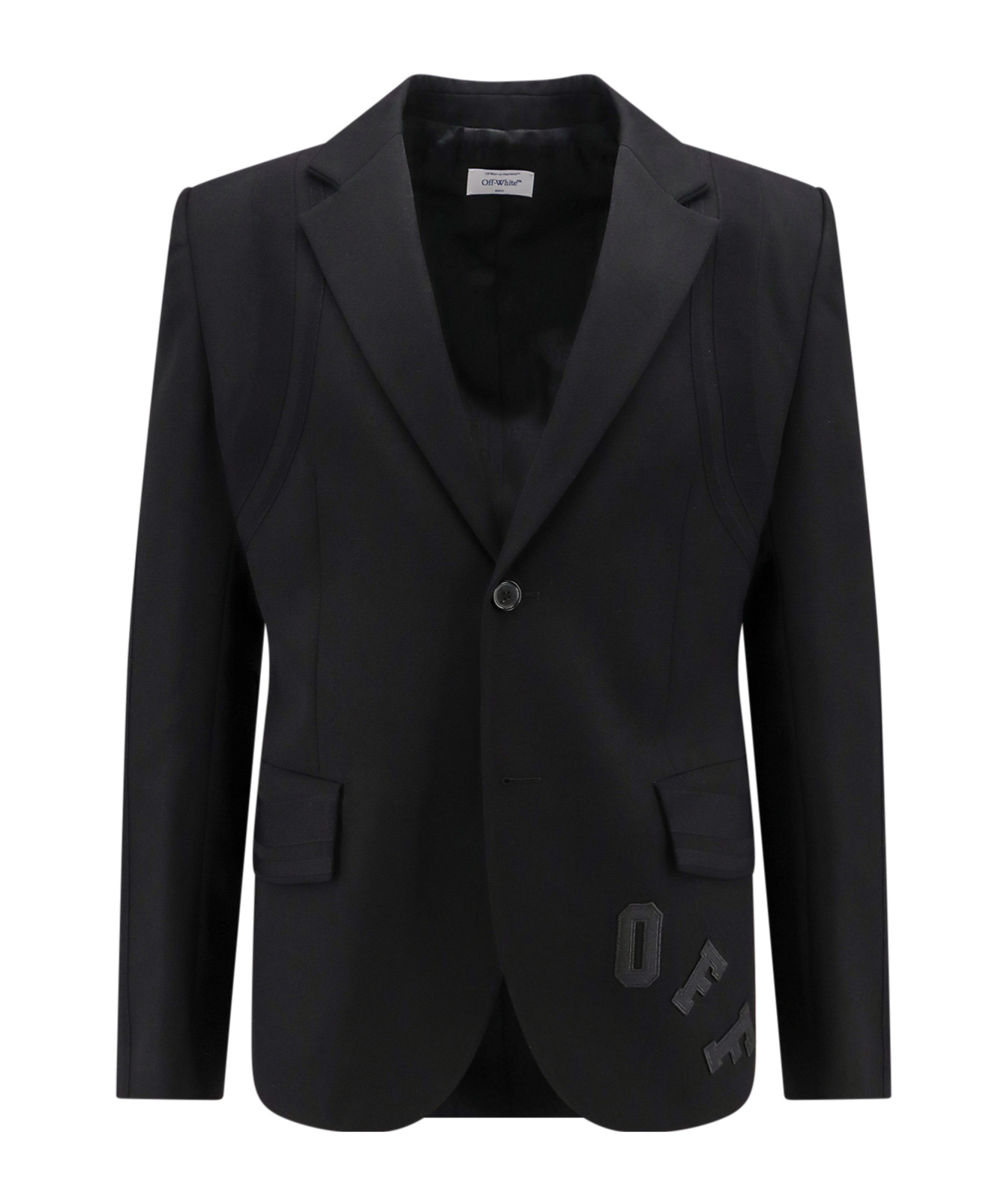 Off-white Virgin Wool Formal Vars Blazer With Logo Patch In Black