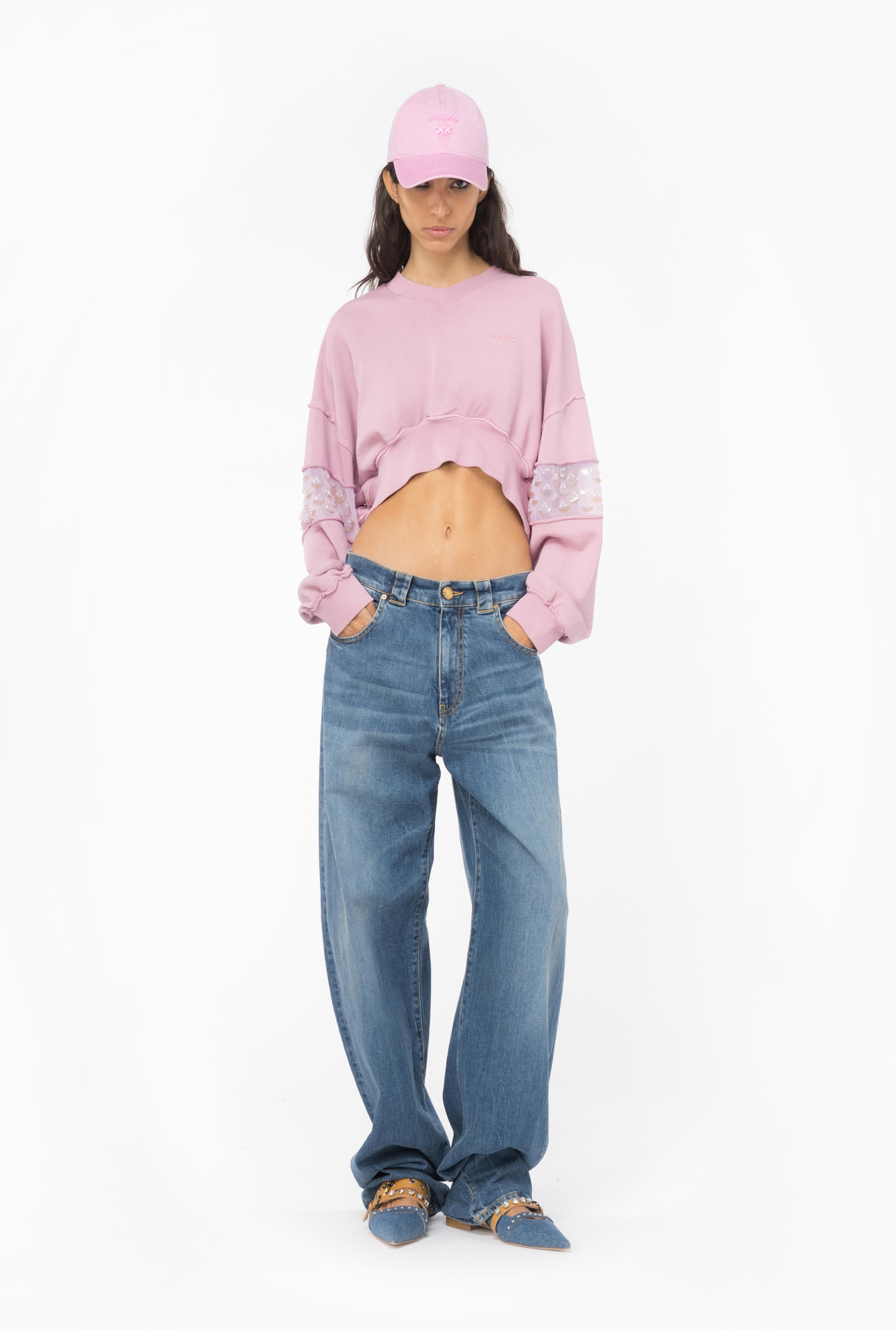 Pinko Sequin-embellished Cropped Sweatshirt In Pink
