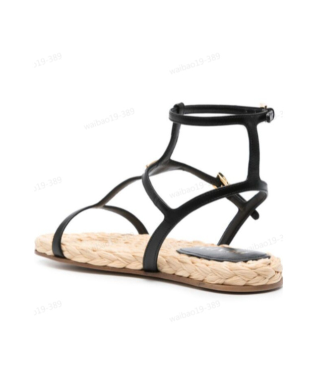 Prada Flat Woven Fabric And Nappa Leather Sandals In Black