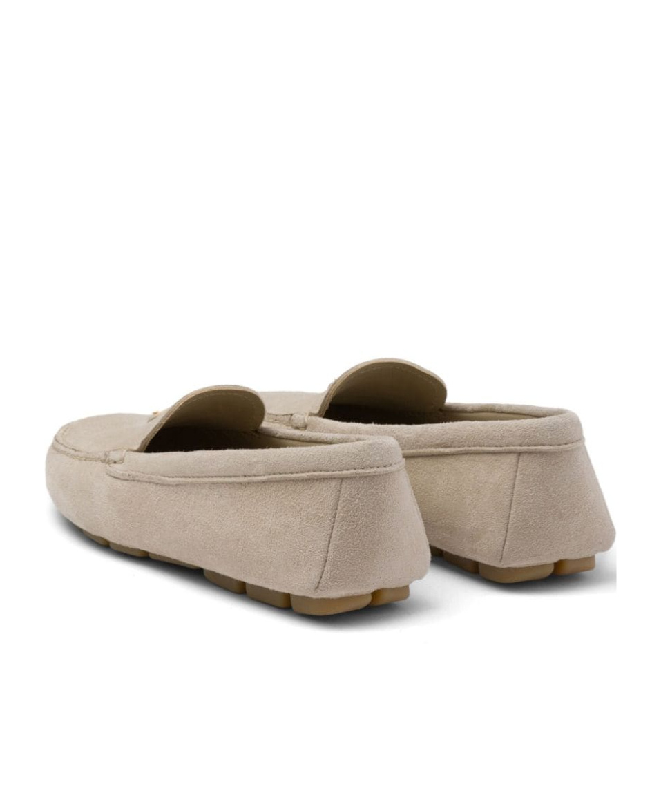 Prada Triangle Logo Suede Loafers In Nude