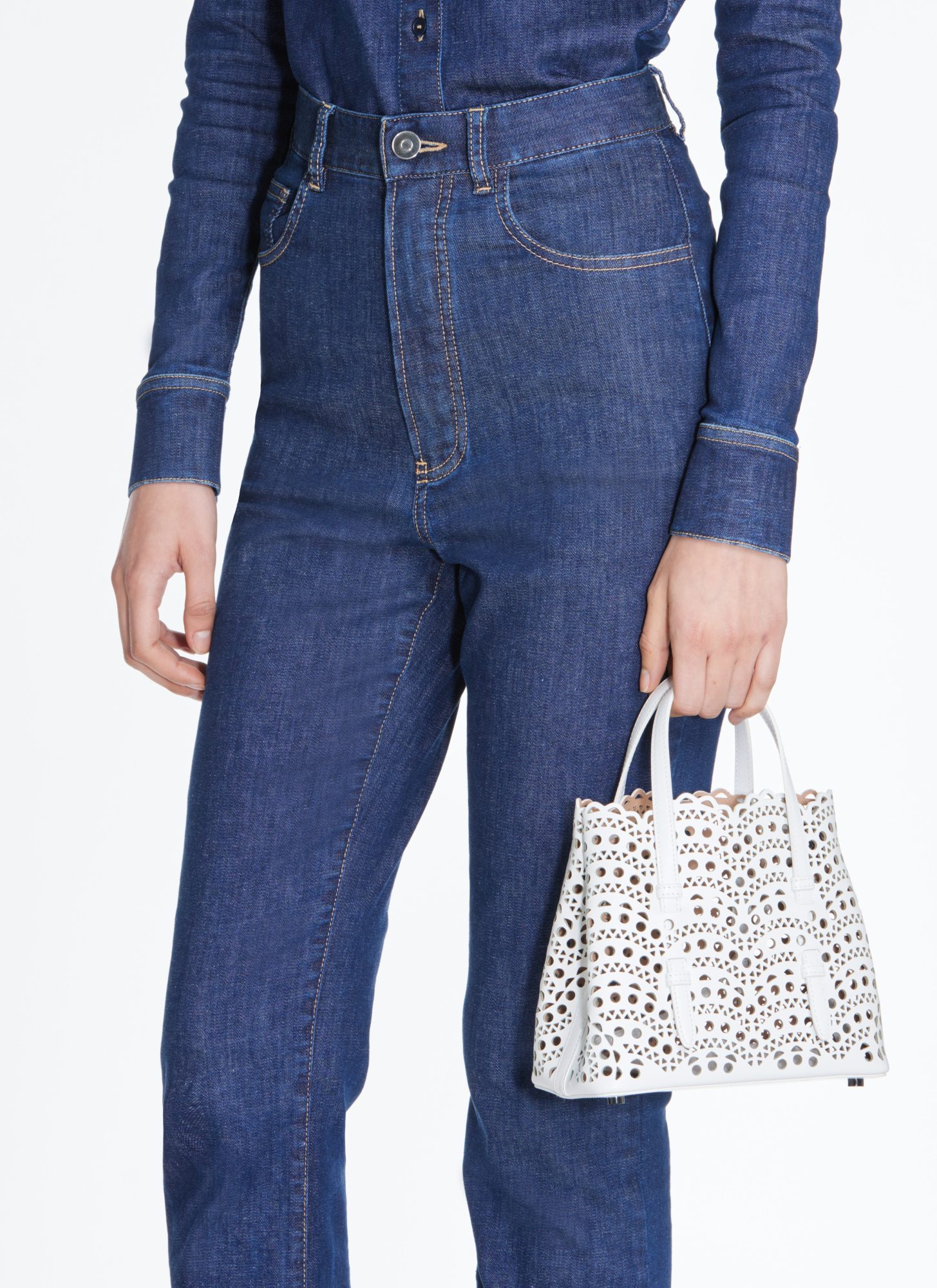 Alaïa Mina 20 Tote Bag In Vienne Wave Perforated Leather In White