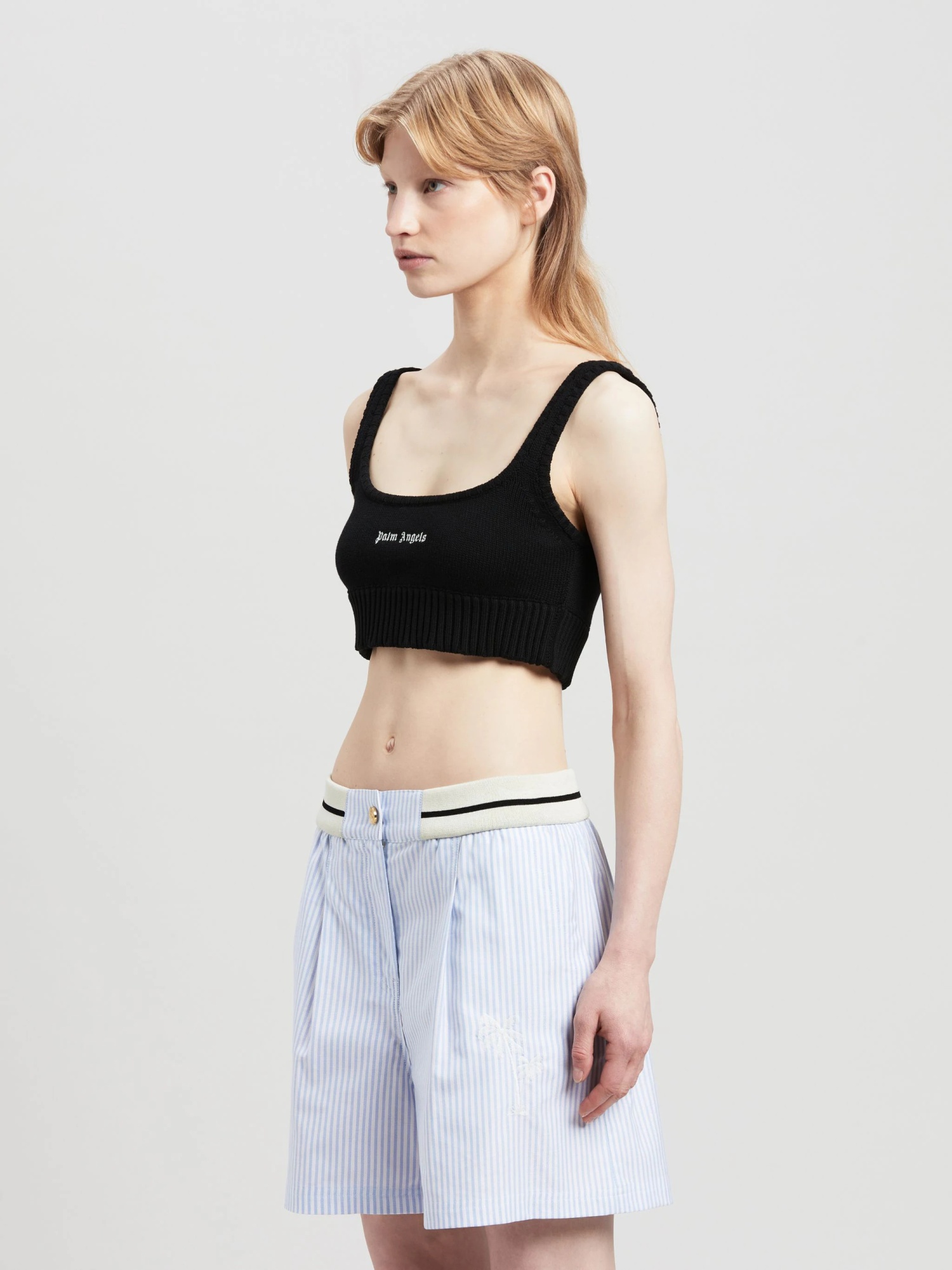 Palm Angels Logo Embroidered Cropped Knitted Tank Top In Black