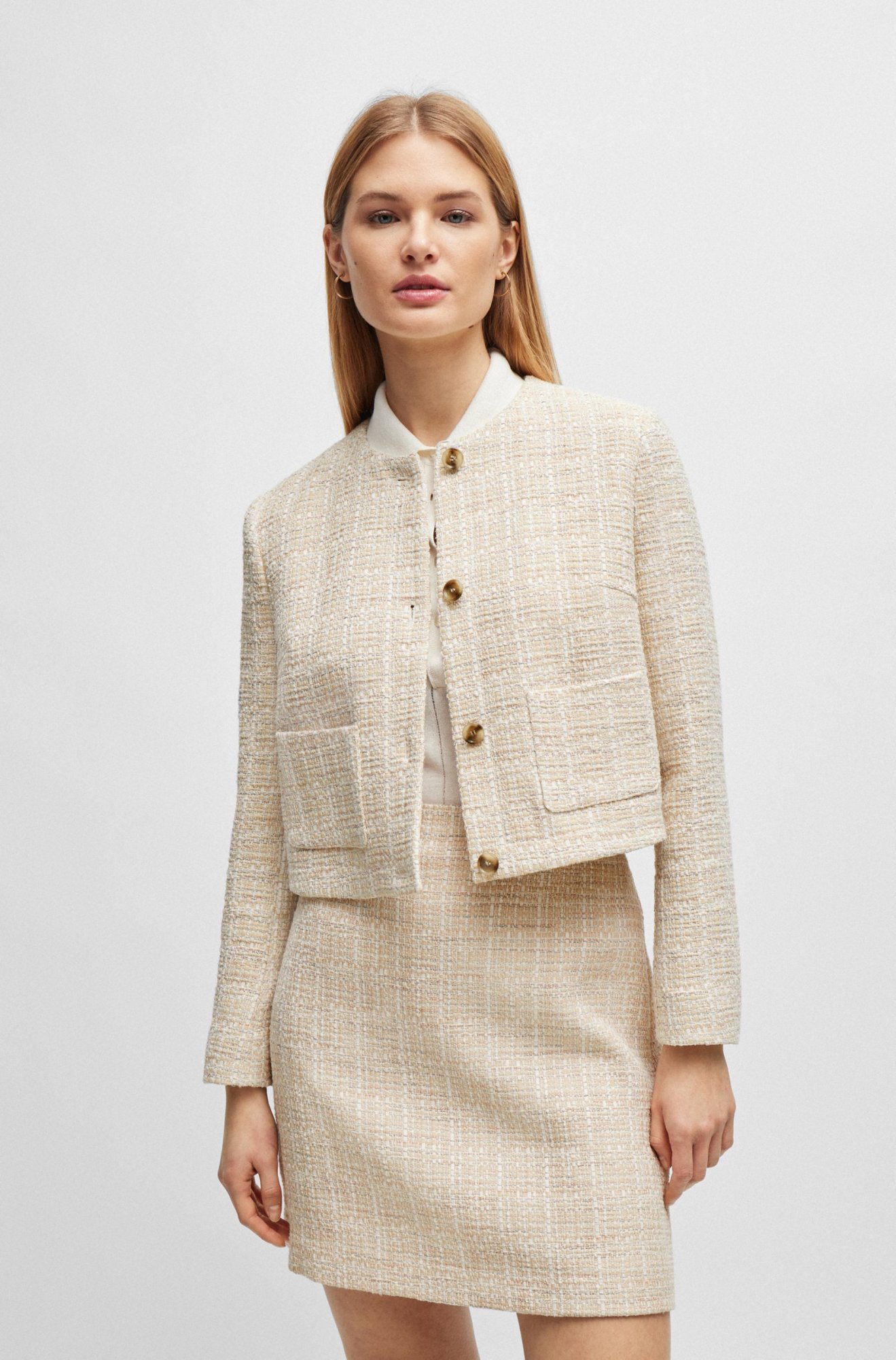 Hugo Boss Collarless Regular-fit Jacket In Melange Tweed In Nude