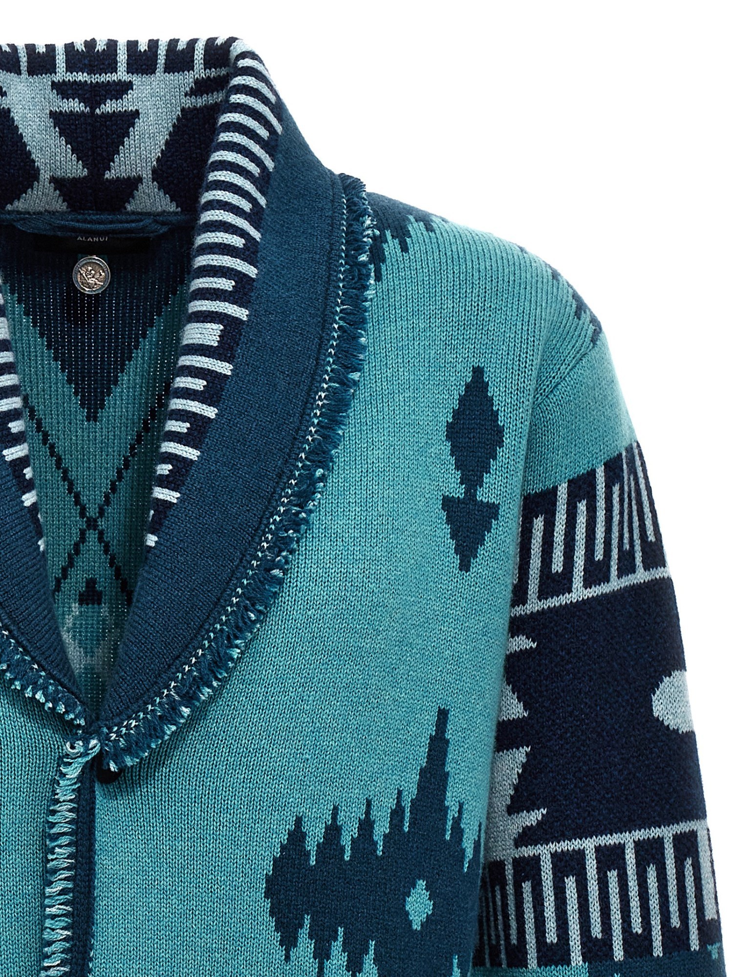 Alanui Jacquard Shawl Collar Fringed Cardigan In Blue