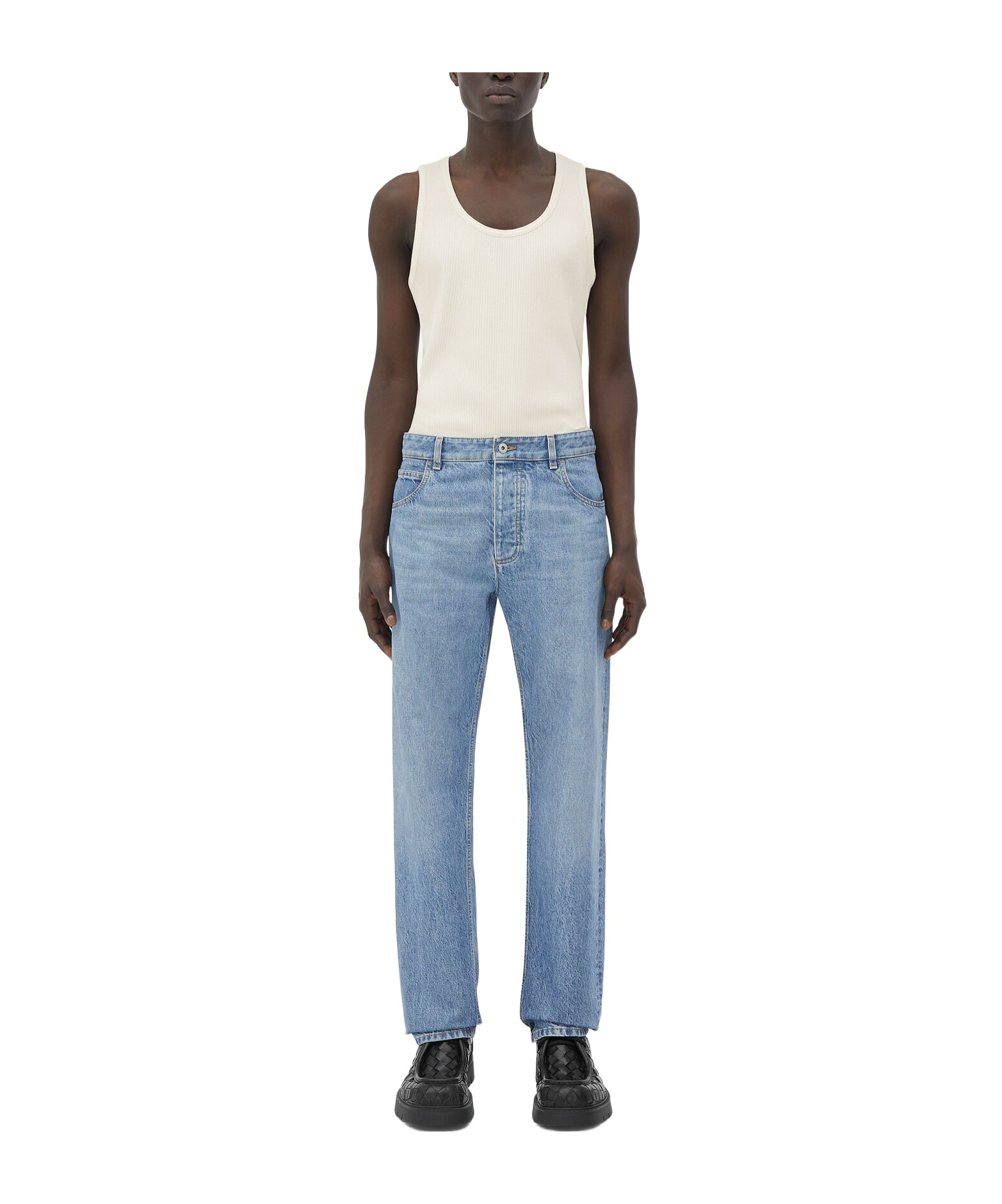 Bottega Veneta Straight Leg Denim Trousers Green Patch In Blue