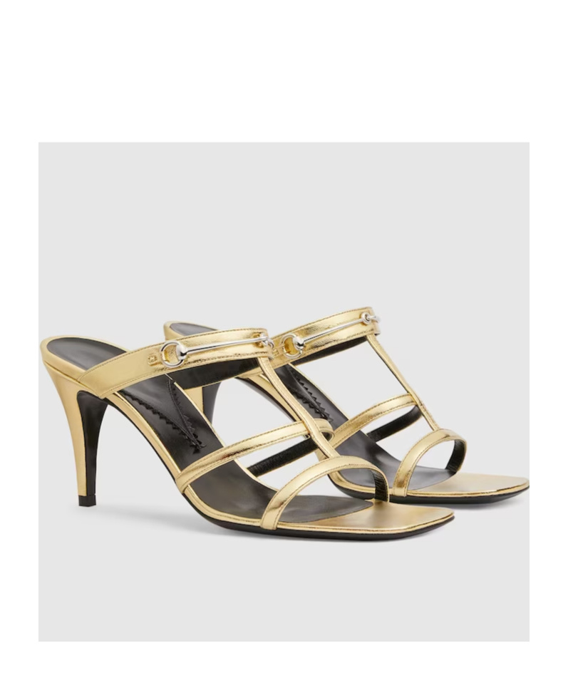 Gucci Horsebit Metallic Leather Caged Mules In Yellow