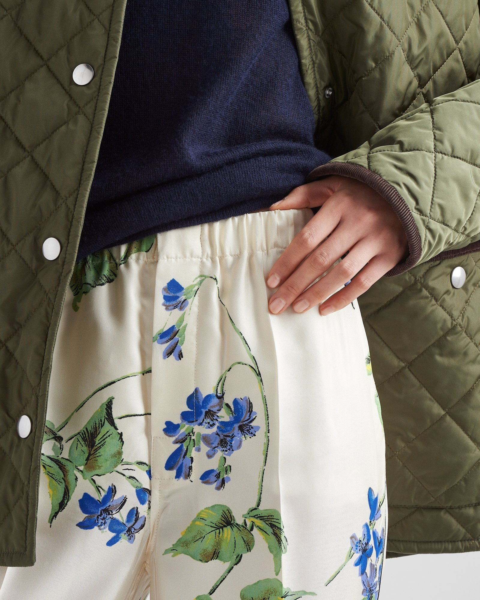 Prada Floral Print Twill Pants In White