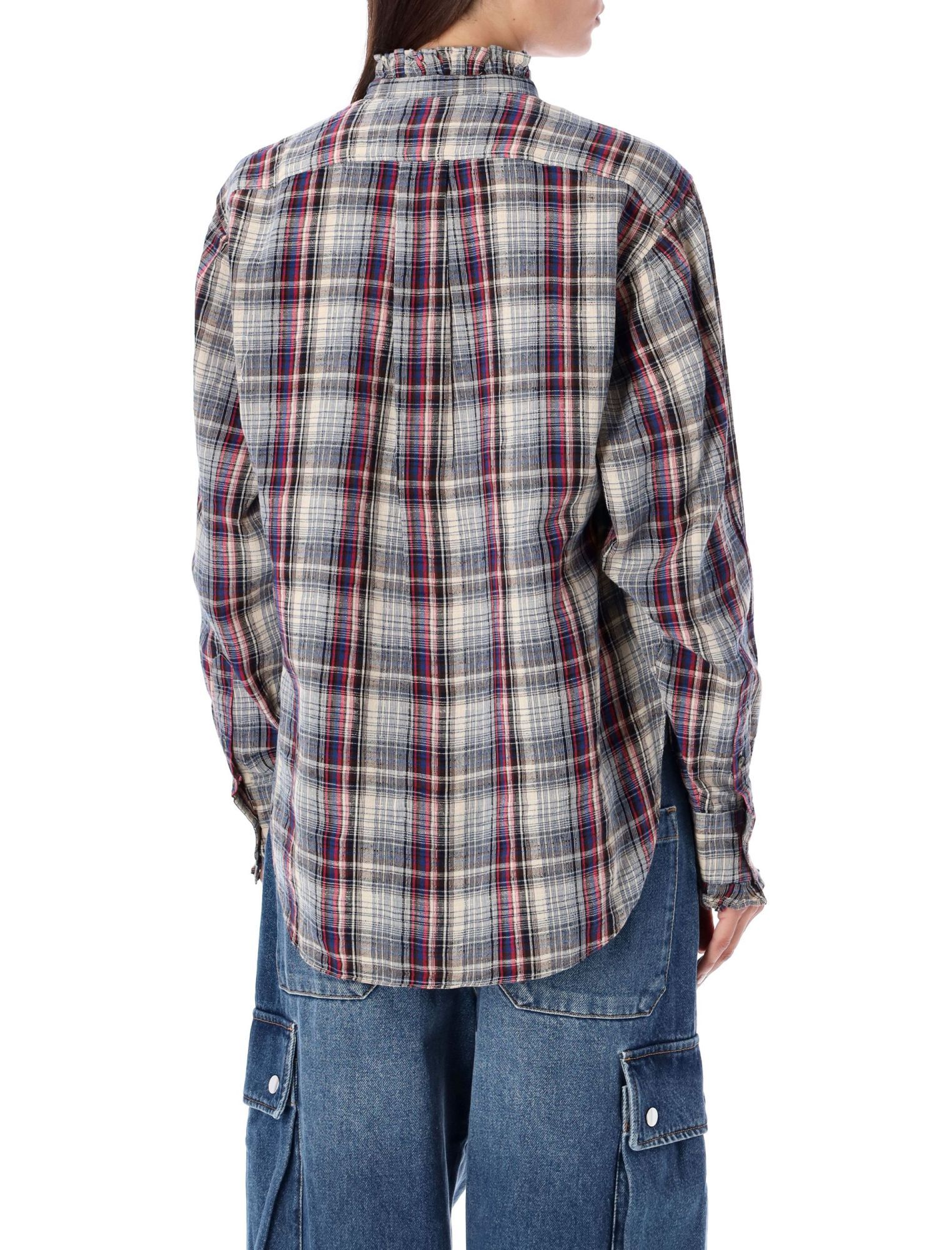 Isabel Marant Frilled-collar Plaid Shirt In Gray