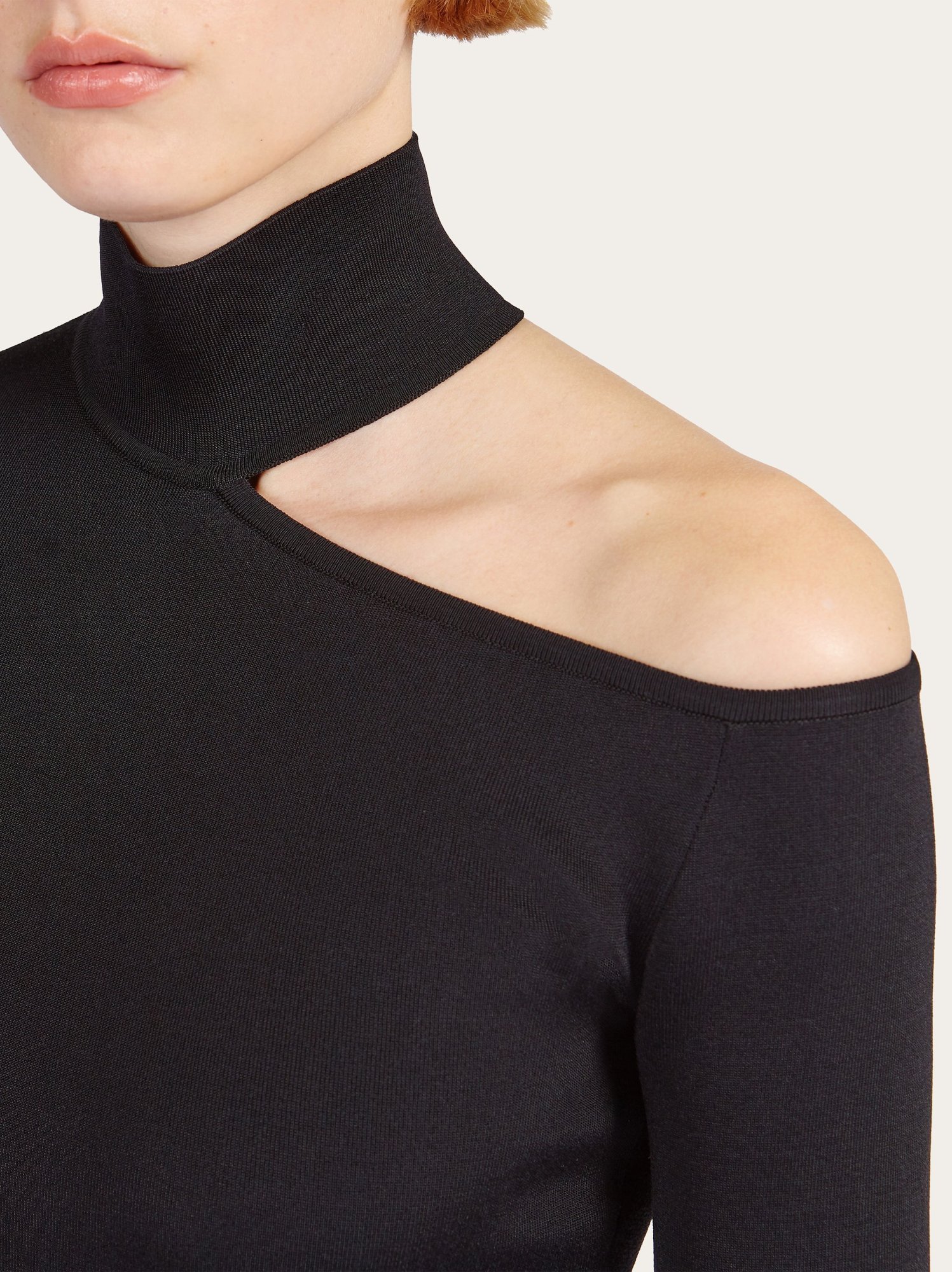 Ferragamo Turtleneck Cold-shoulder Long-sleeve Midi Sweater Dress In Black