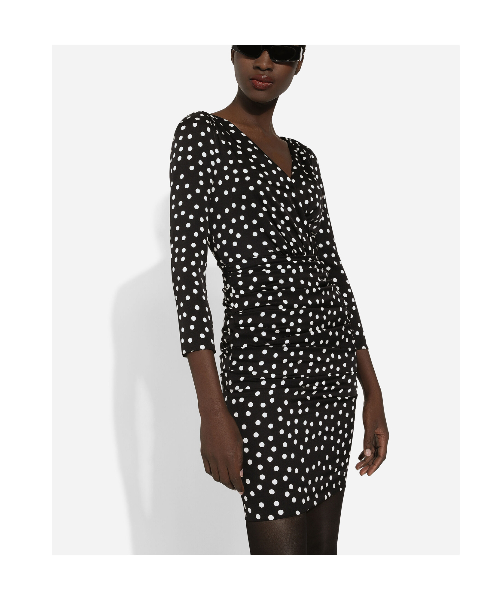 Dolce & Gabbana Polka Dot-printed Plunging V-neck Mini Dress In Black