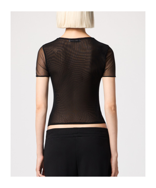 Blumarine Logo-embellished Mesh T-shirt In Black
