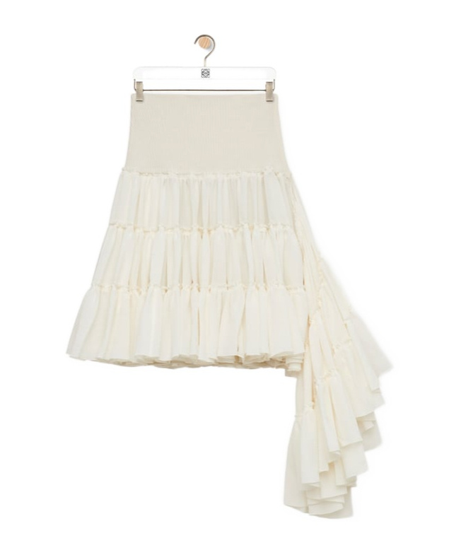 Loewe Asymmetrical Layered Silk Skirt With Ribbed Waistband In Neutral