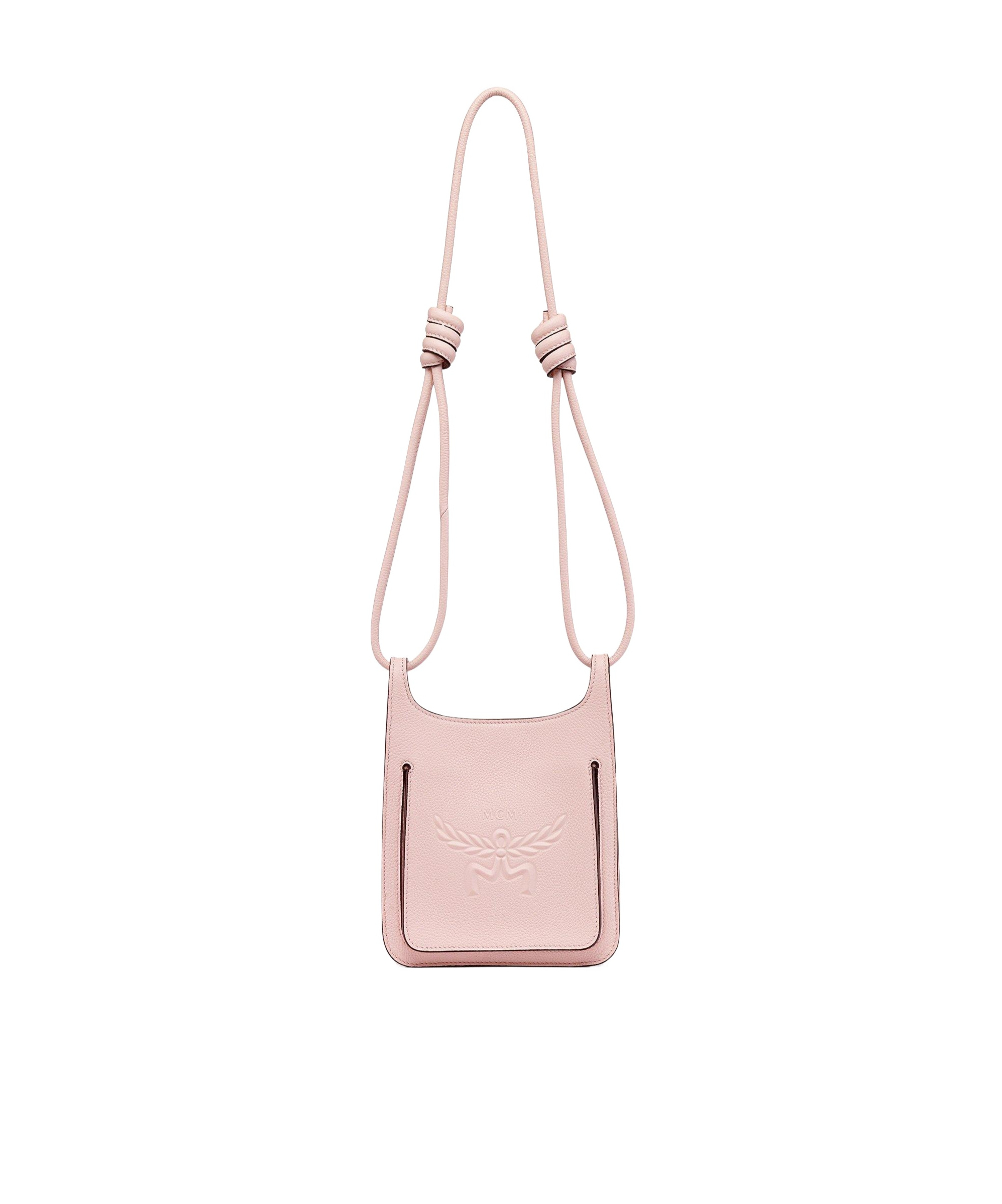 Mcm Himmel Embossed Logo Leather Semilunar Shoulder Bag In Pink