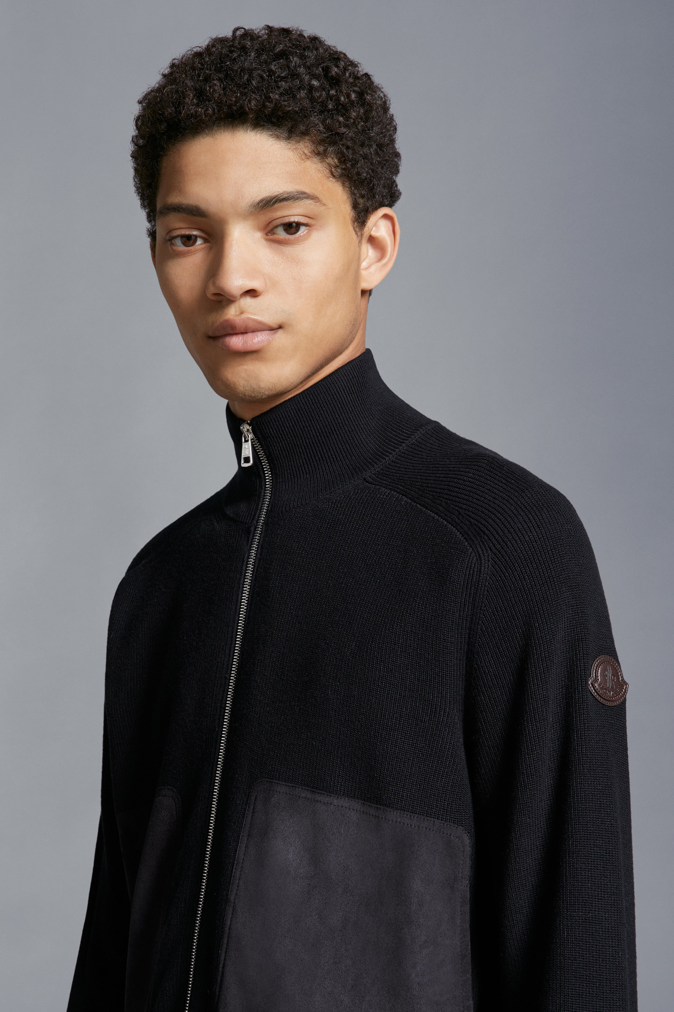 Moncler Suede-panels Cotton-blend Cardigan In Blue