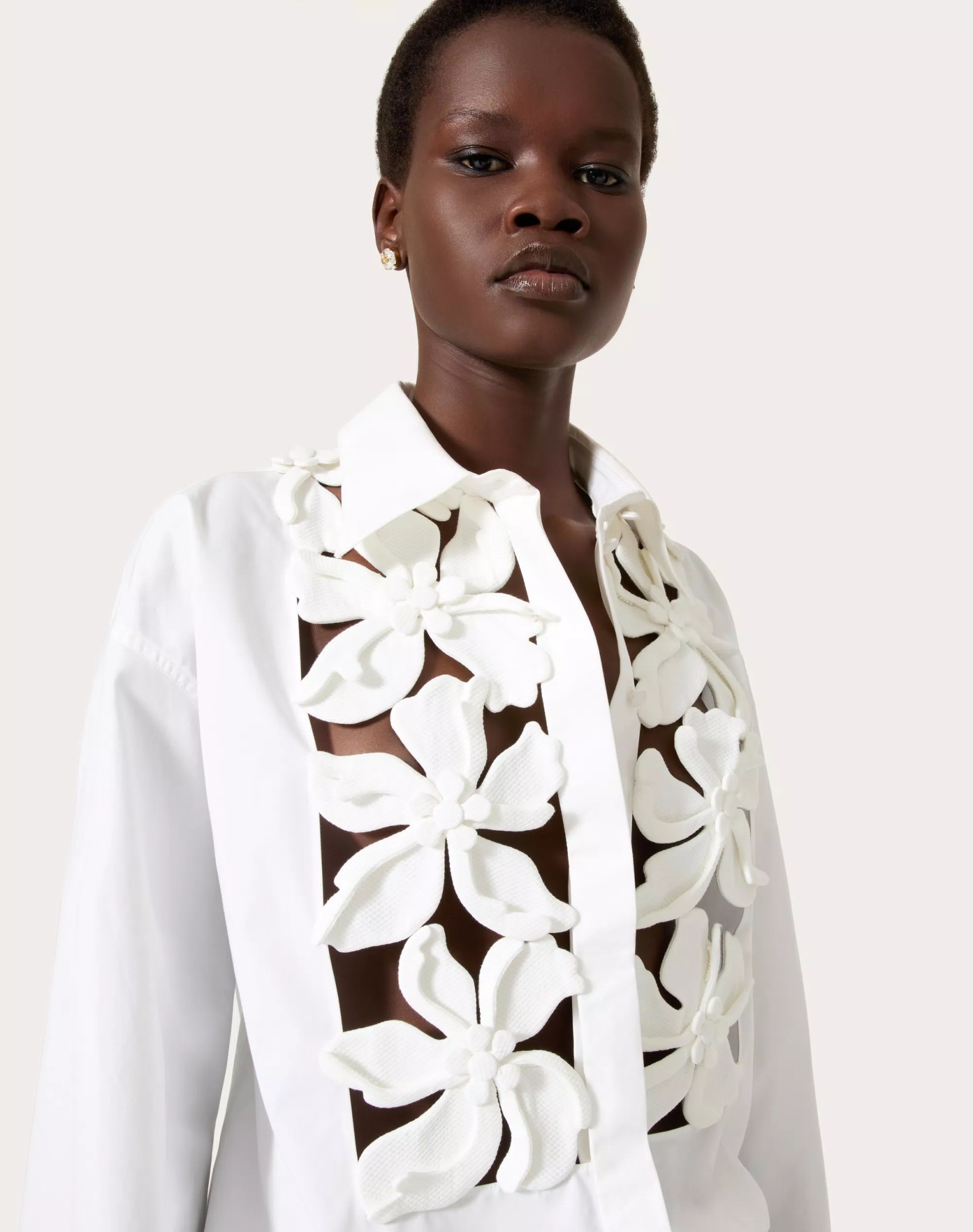 Valentino Poplin Floral Button-front Shirt With Lasercut Bib In White