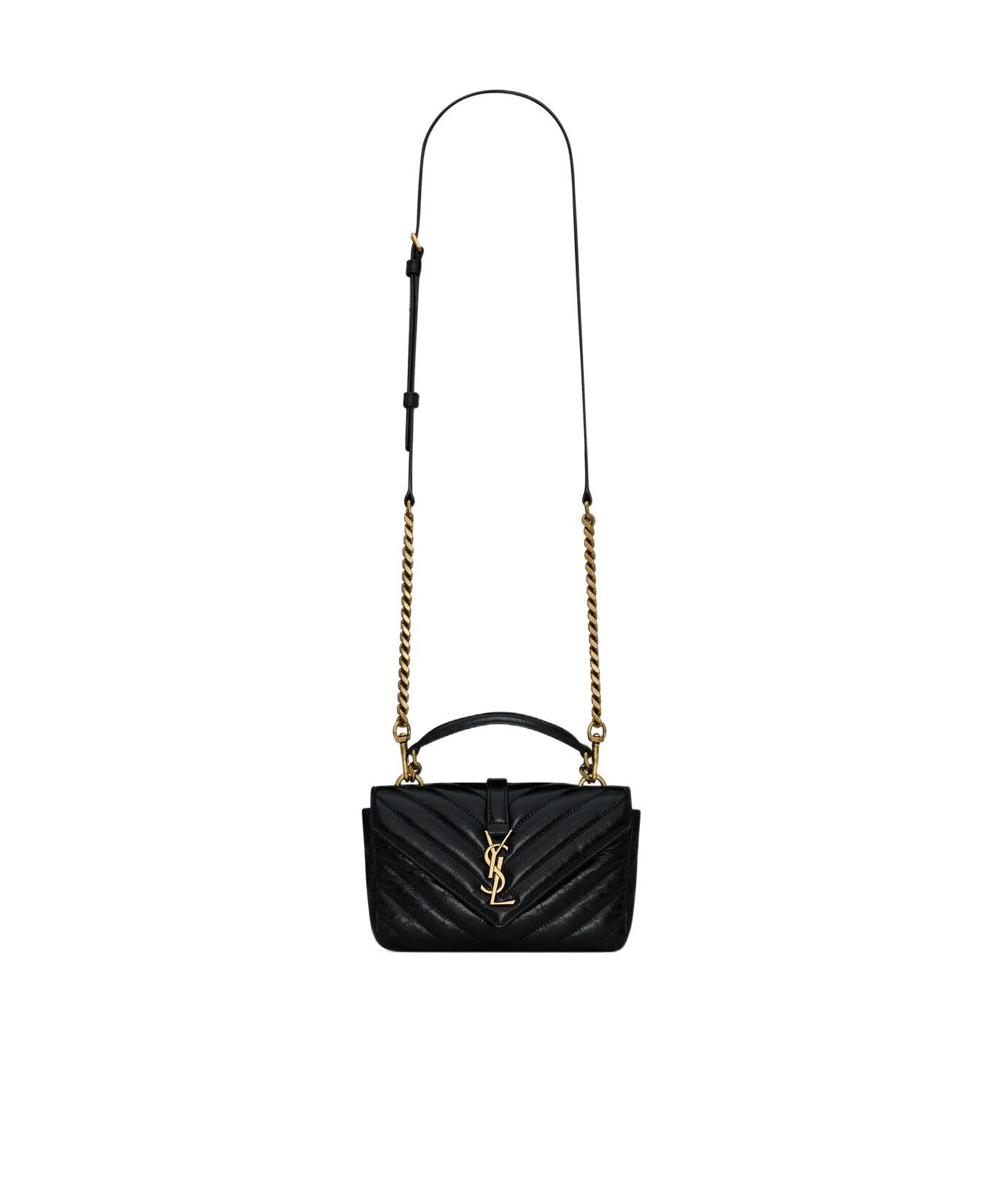 Saint Laurent College Mini Chain Bag In Shiny Crackled Leather In Black
