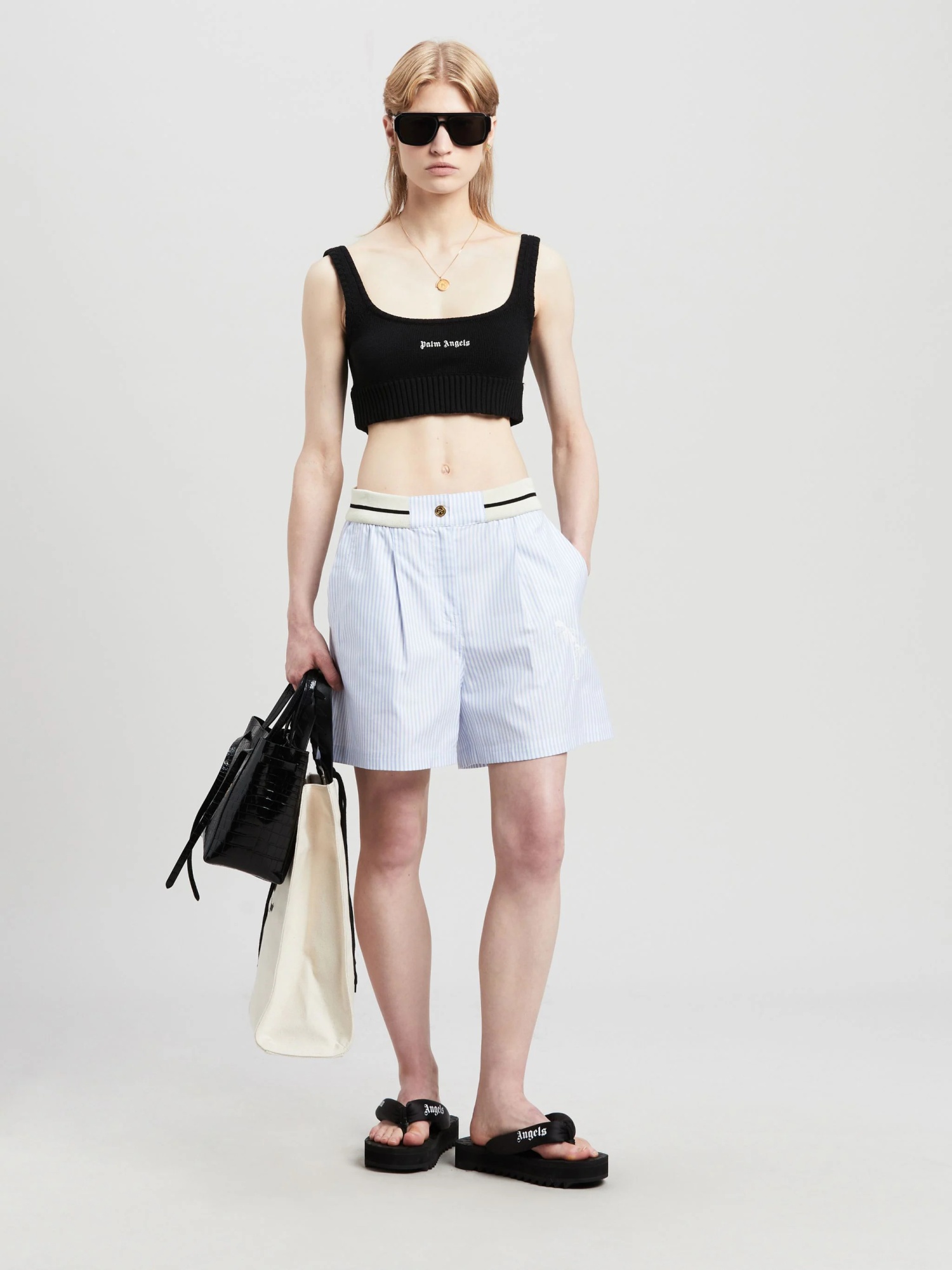 Palm Angels Logo Embroidered Cropped Knitted Tank Top In Black