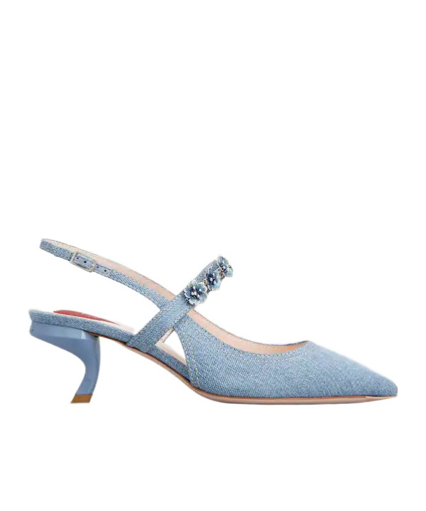 ROGER VIVIER VIRGULE FLOWER SLINGBACK PUMPS IN DENIM 