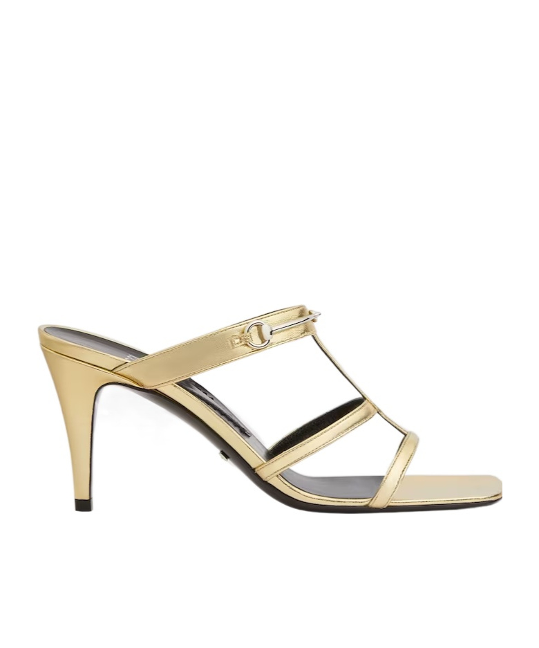 Gucci Horsebit Metallic Leather Caged Mules In Yellow
