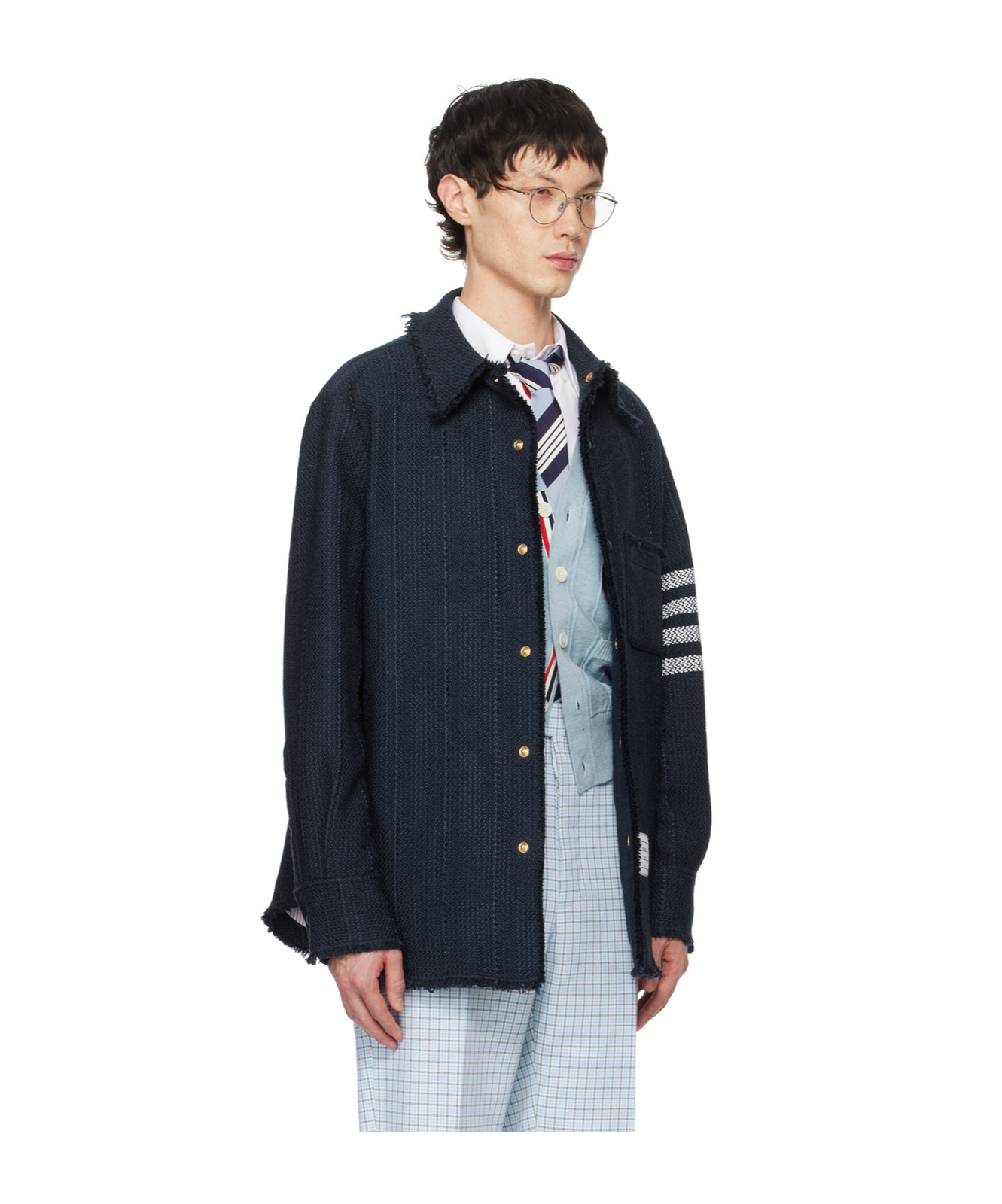 Thom Browne Navy Blue Shirt With Contrasting 4-bar Detail In Black