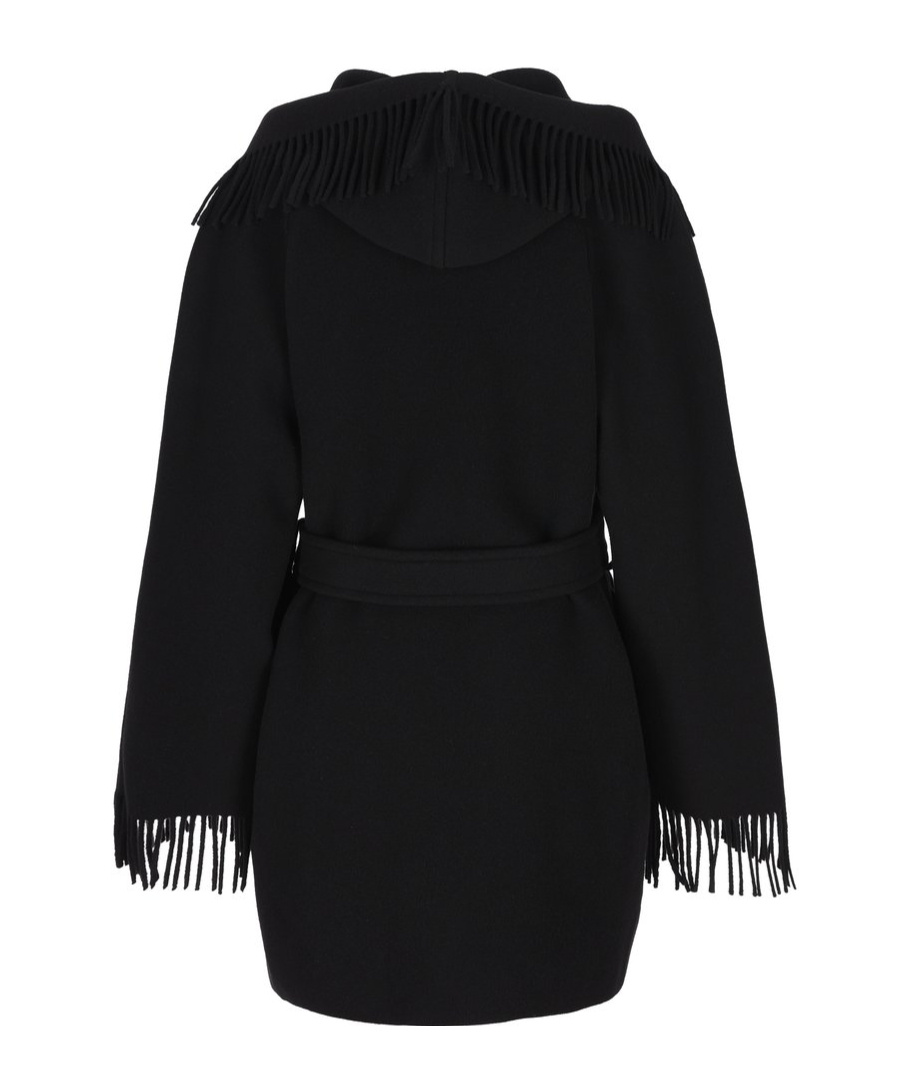 Balenciaga Hooded Fringe Oversized Self-tie Wool Jacket In Black