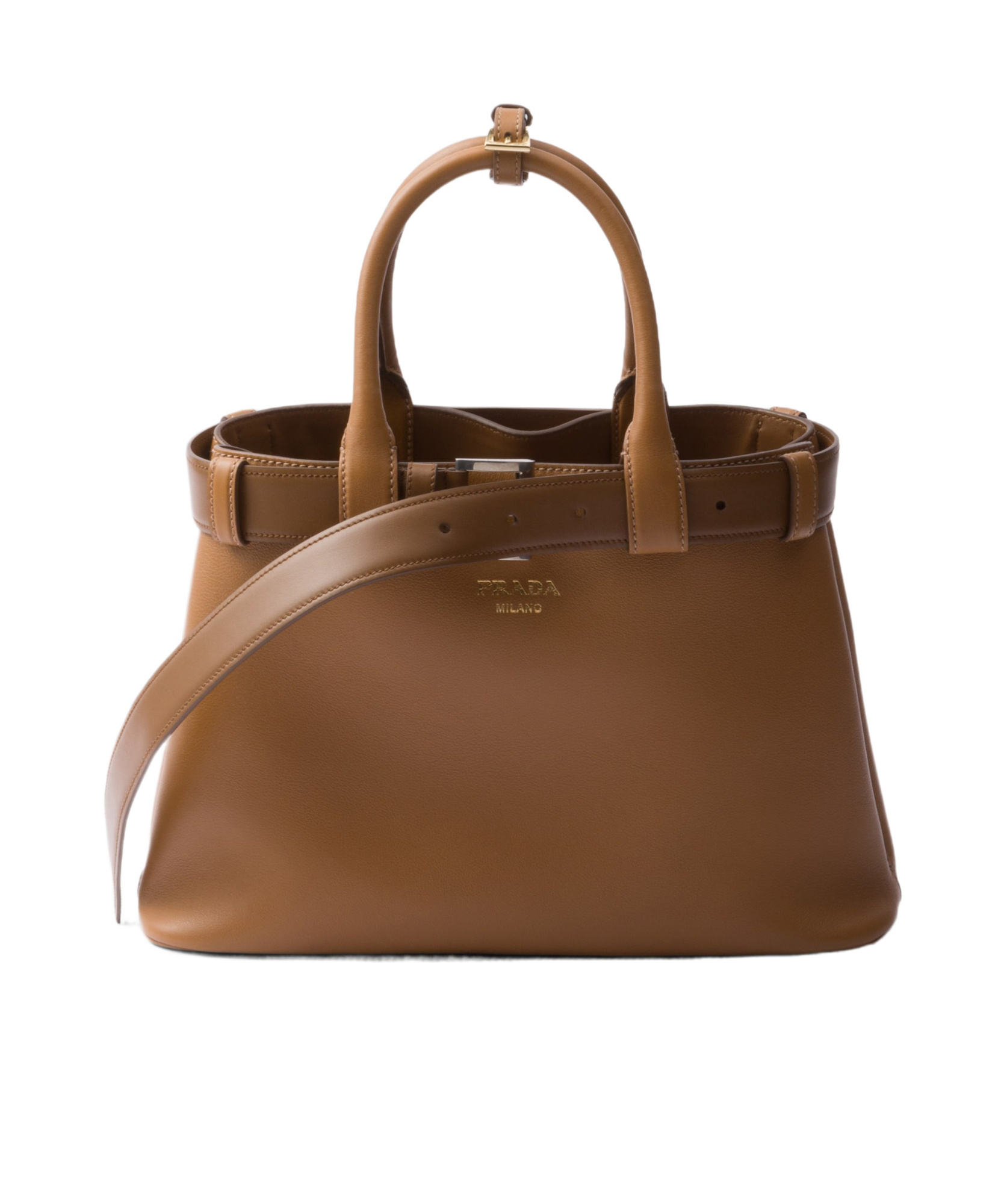 Prada Medium Logo Leather Top Handle Bag In Brown