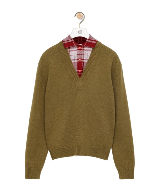 Loewe Wool Plaid Jacquard Sweater In Green