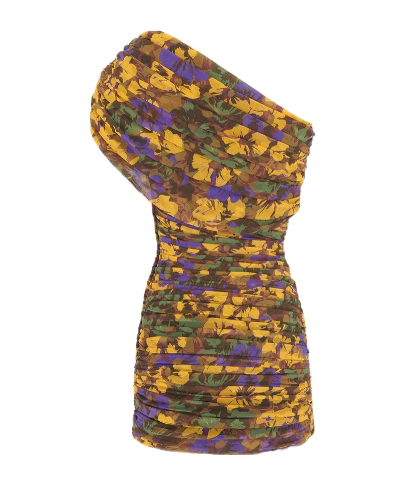 Saint Laurent One-shoulder Floral-print Ruched Tulle Mini Dress In Brown