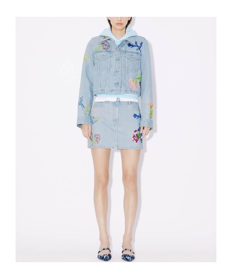Kenzo Floral-embroidered Mini Skirt In Blue Cotton Denim In Blue