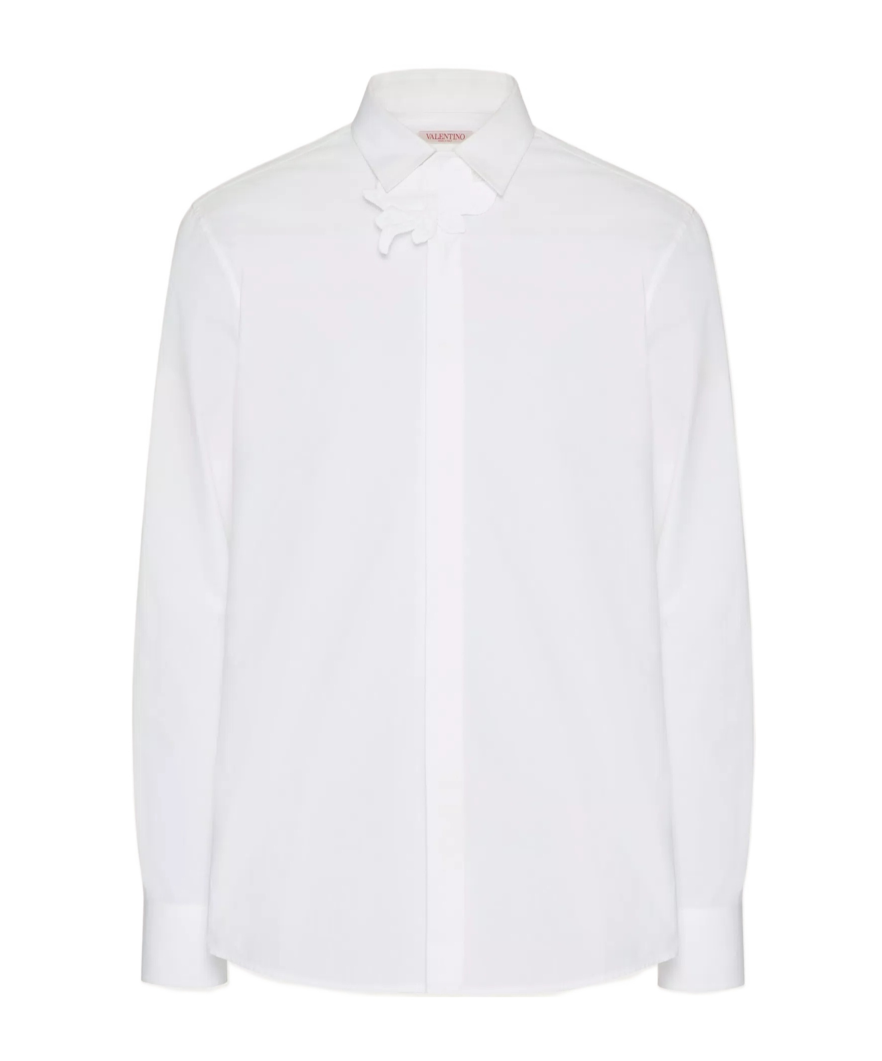 Valentino Long-sleeved Shirt In Cotton Poplin With Flower Patch In White