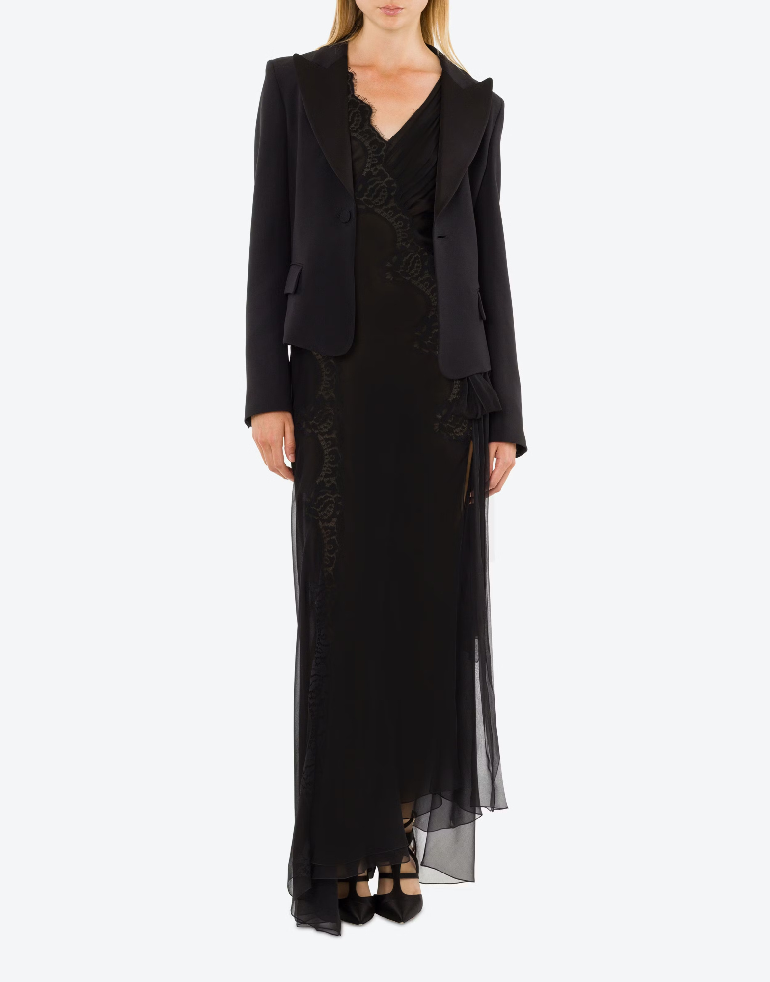 Alberta Ferretti Satin Tuxedo Suit Jacket In Black
