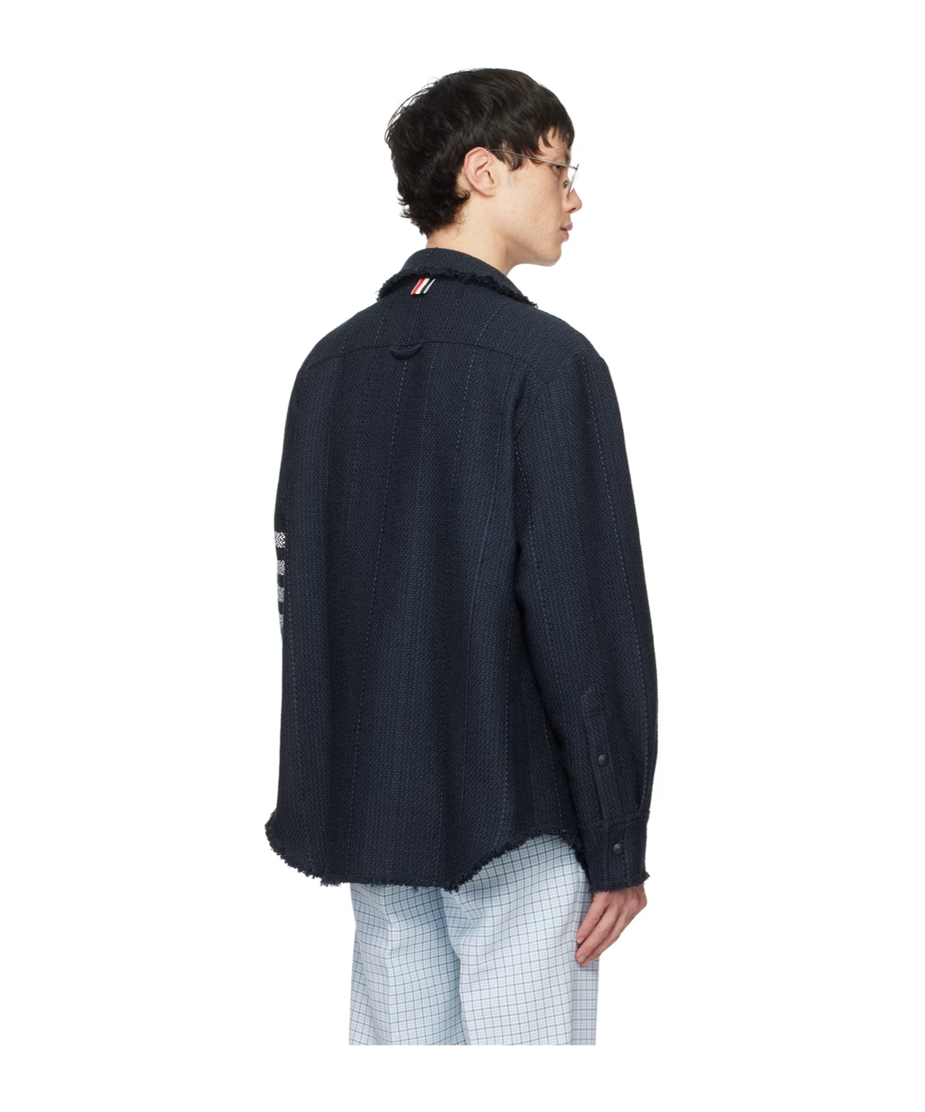 Thom Browne Navy Blue Shirt With Contrasting 4-bar Detail In Black