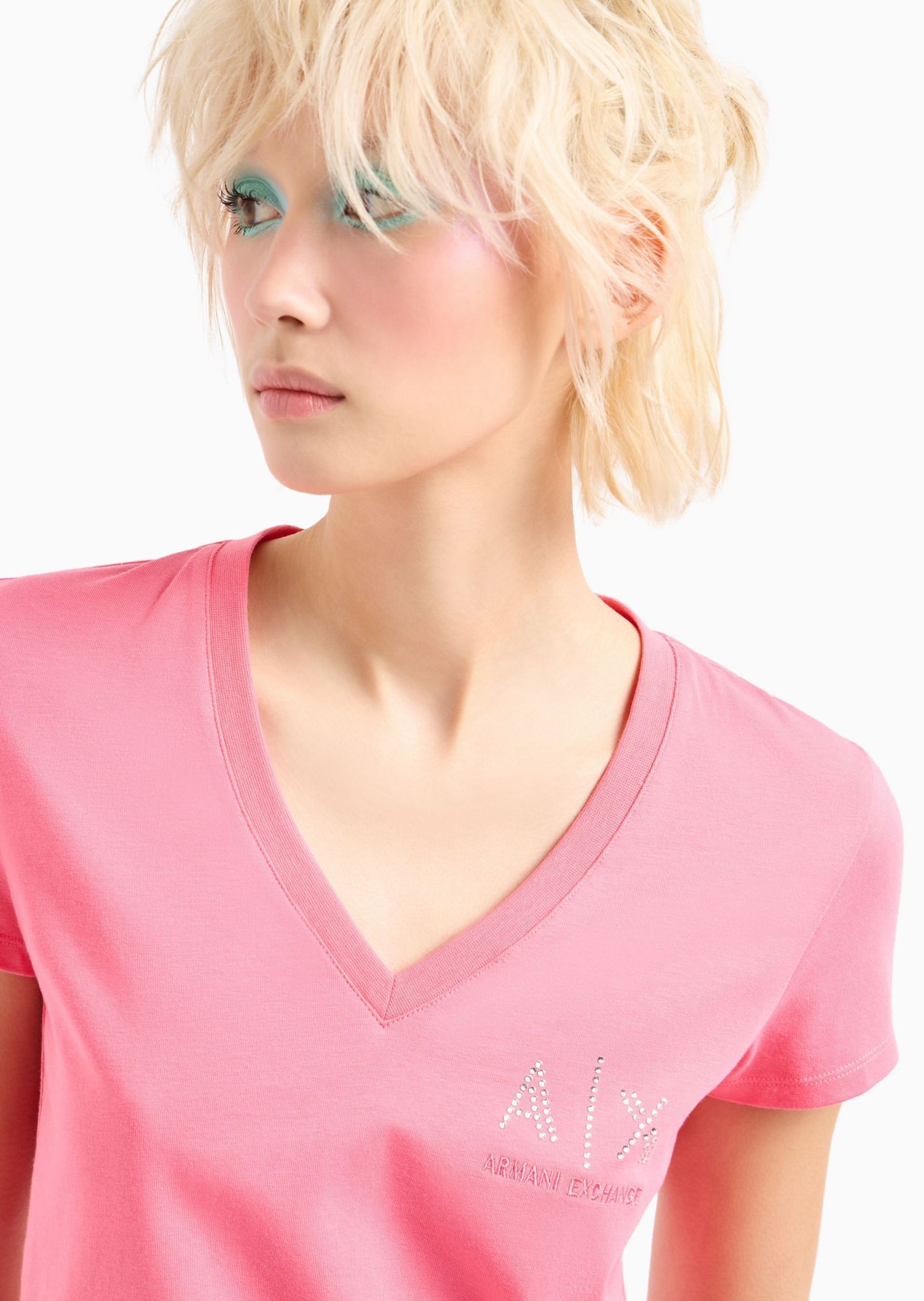Armani Exchange V-collar Short-sleeved T-shirt In Pink
