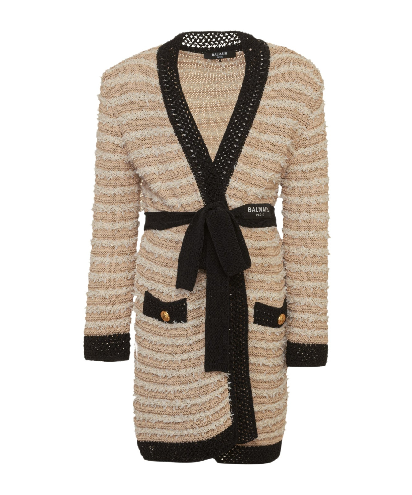 Balmain Belted Striped Cardigan In Nude