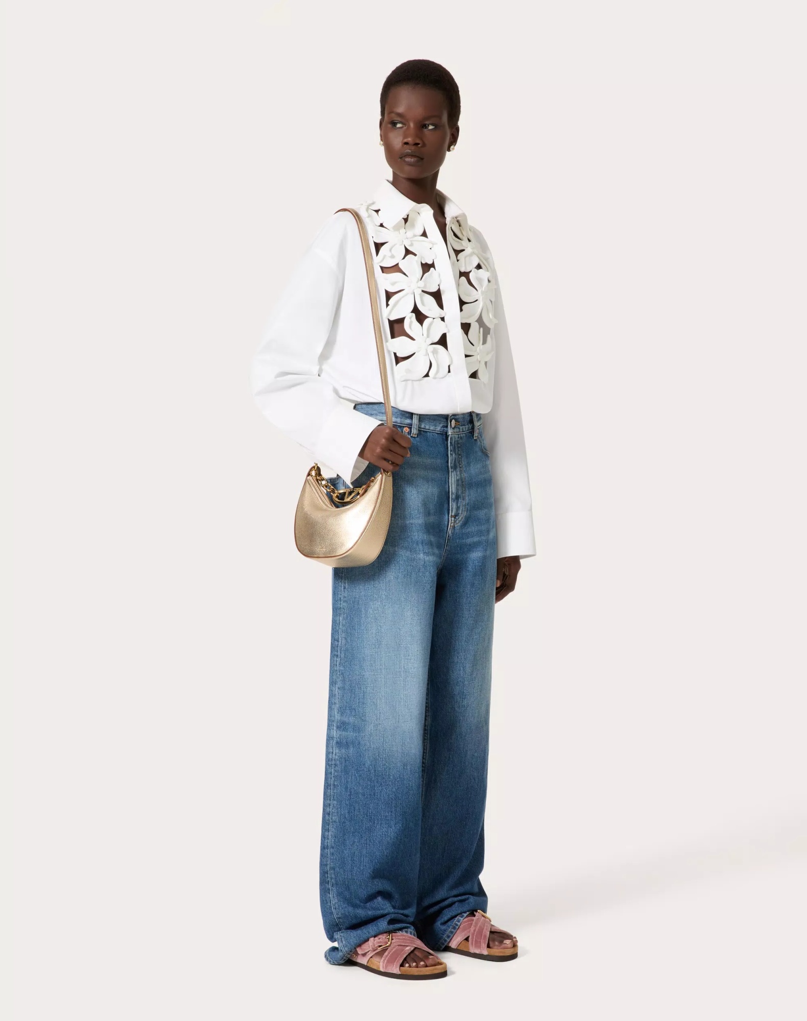 Valentino Poplin Floral Button-front Shirt With Lasercut Bib In White
