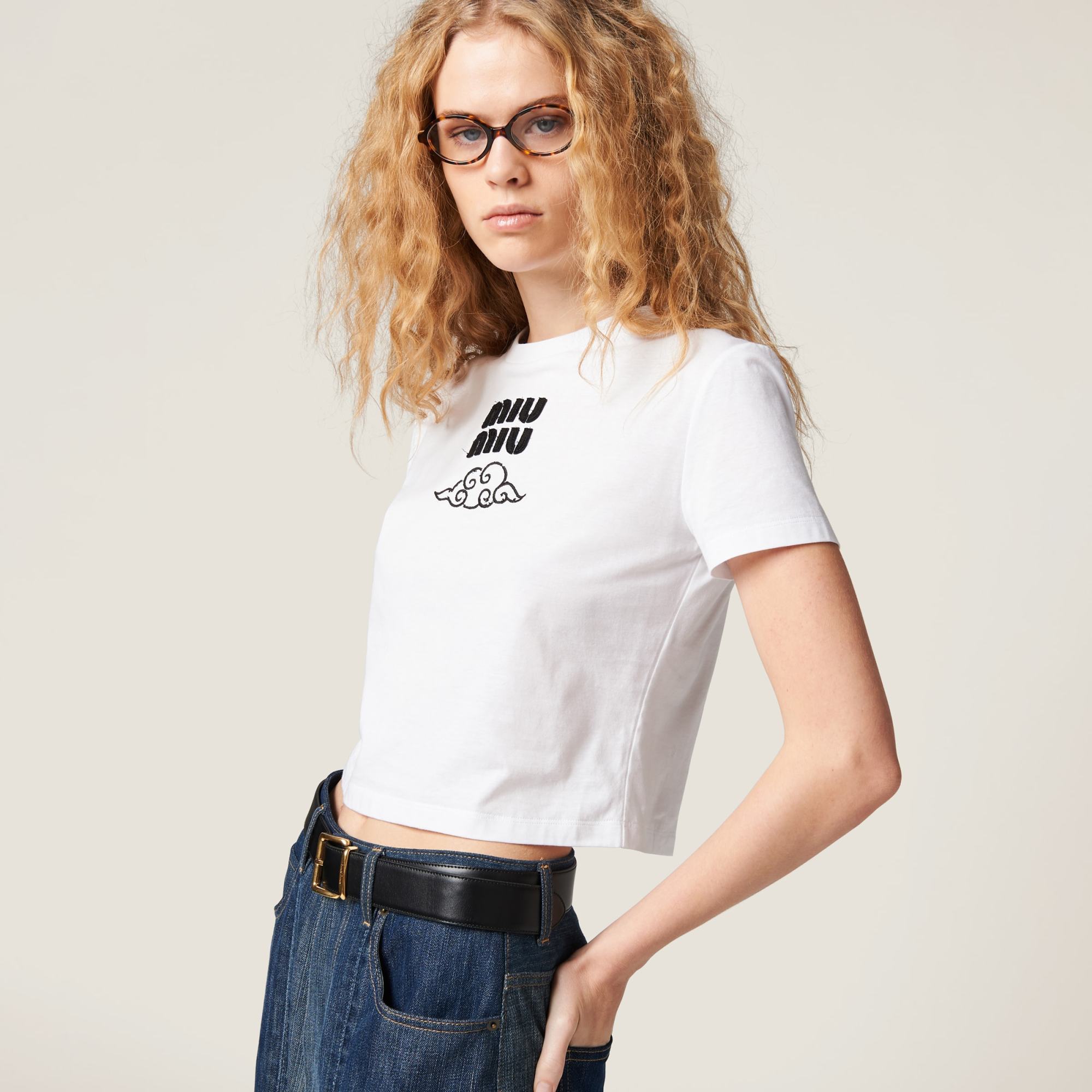 MIU MIU EMBROIDERED COTTON T-SHIRT