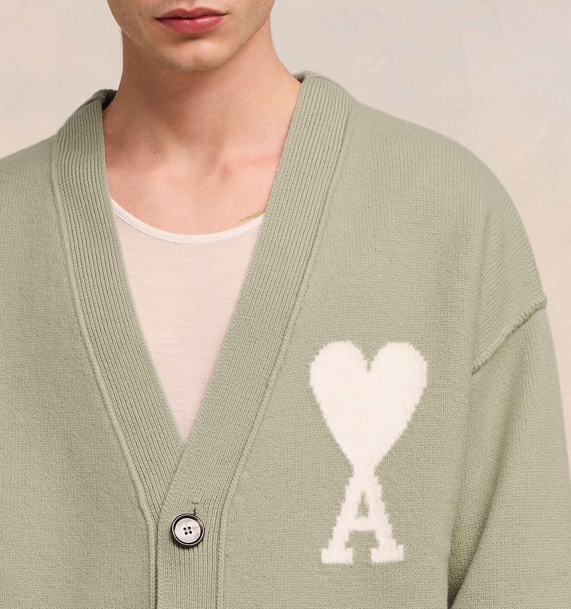 Ami Alexandre Mattiussi Ami Paris Ami De Coeur Wool Cardigan Sage Green In Green
